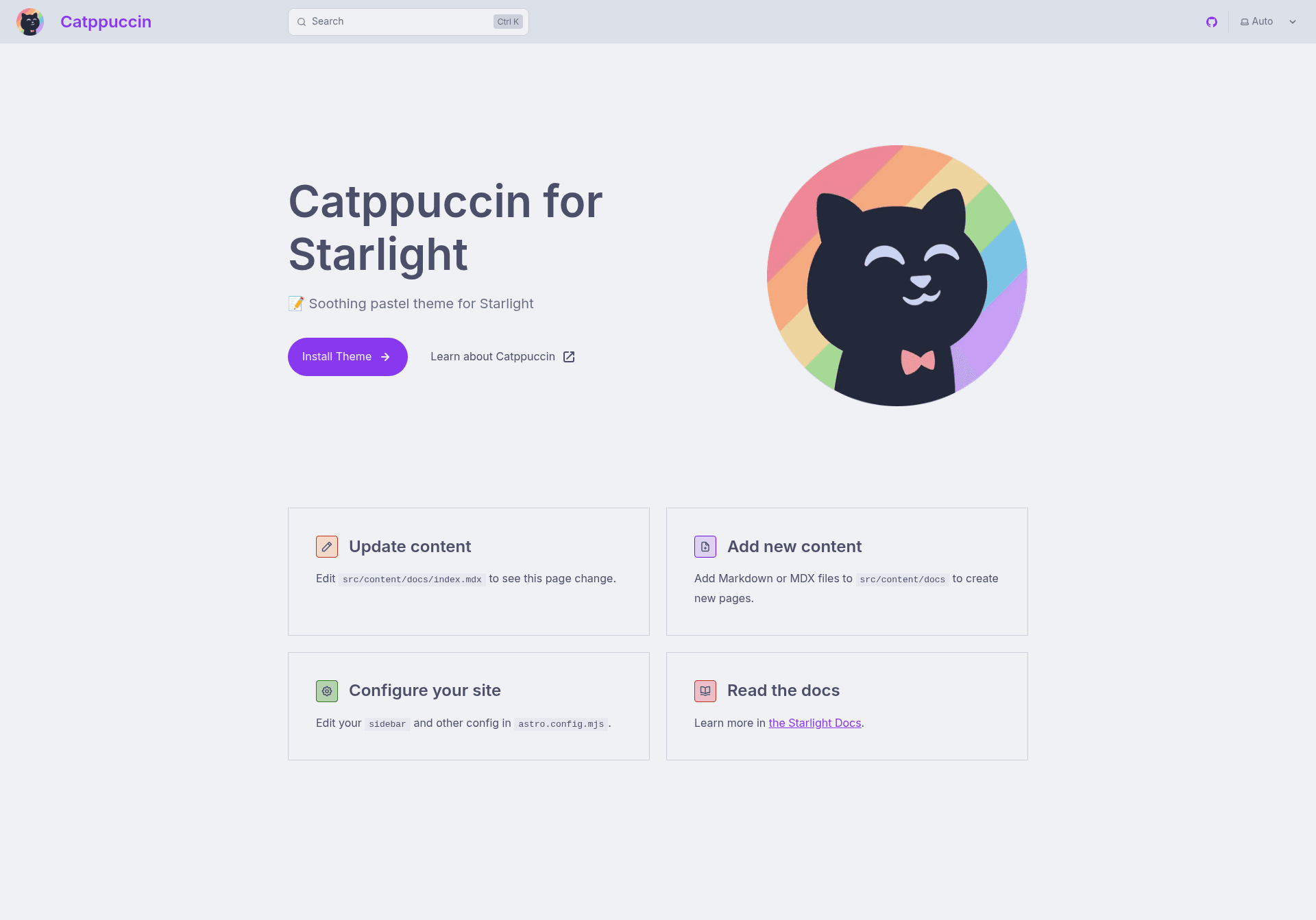 screenshot of Catppuccin for Starlight on template0.com