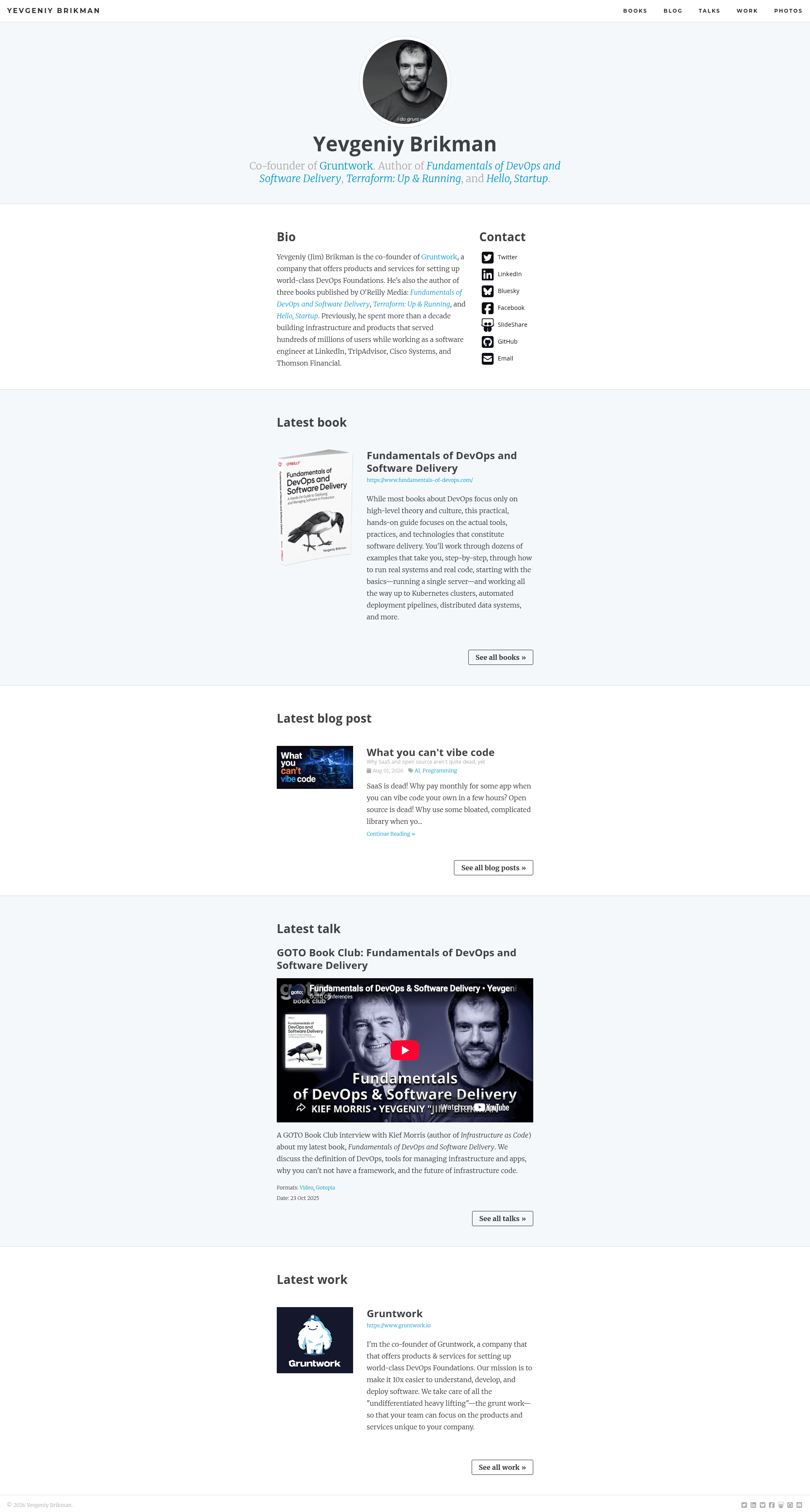 screenshot of Yevgeniy Brikman Home Page on template0.com