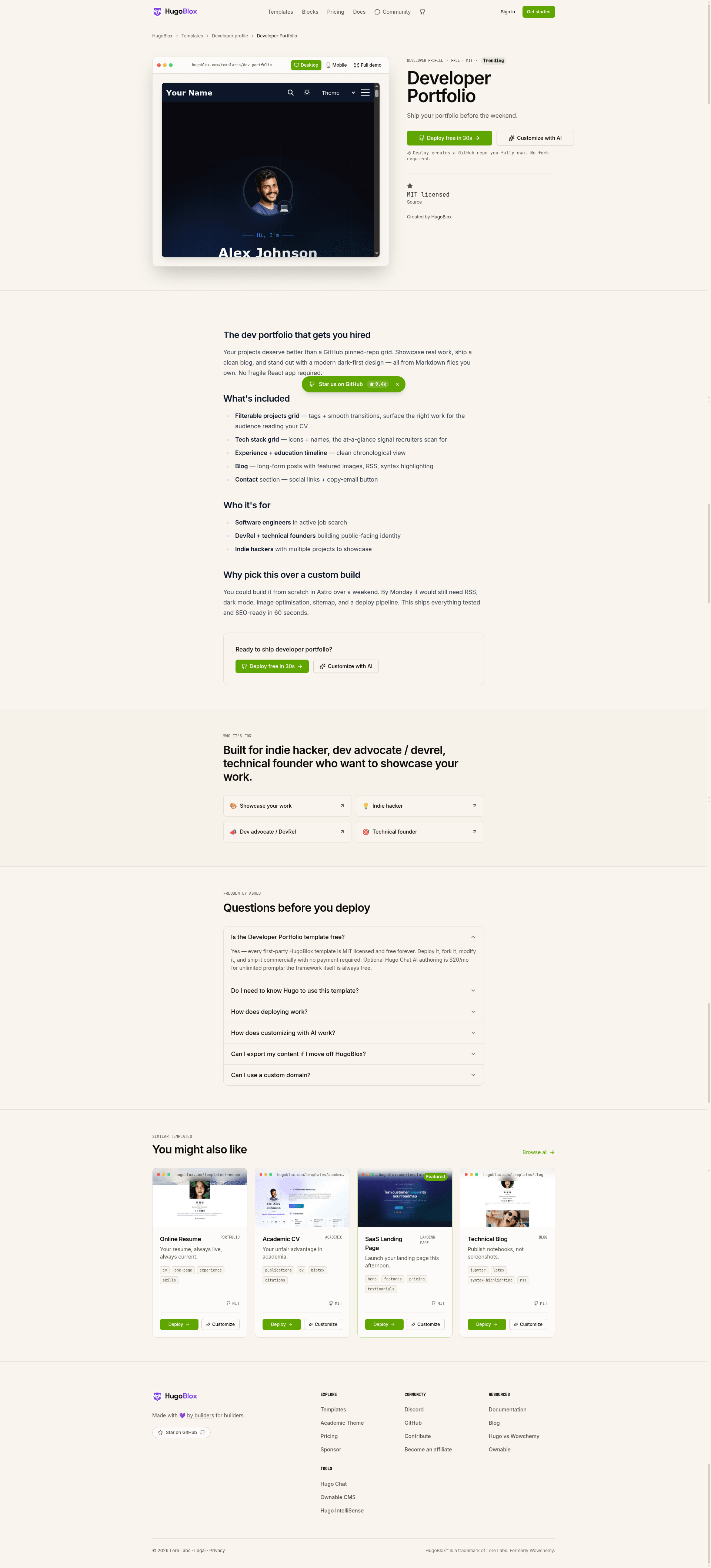 screenshot of Hugo Theme Dev Portfolio on template0.com