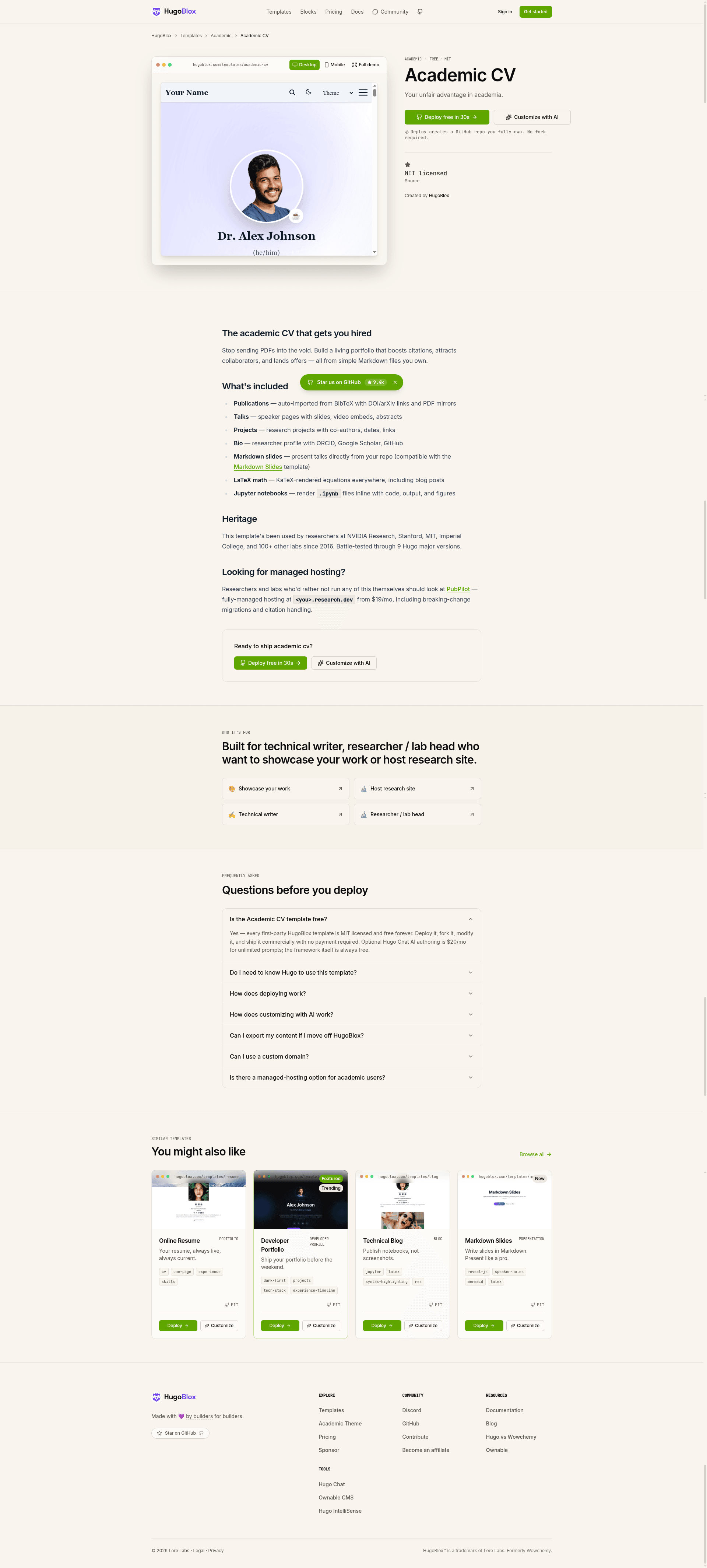 screenshot of HugoBlox Academic CV on template0.com
