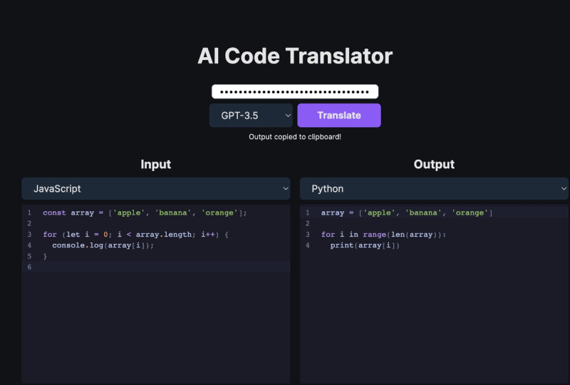 Image for Code Translator(AI nextjs template) on template0.com