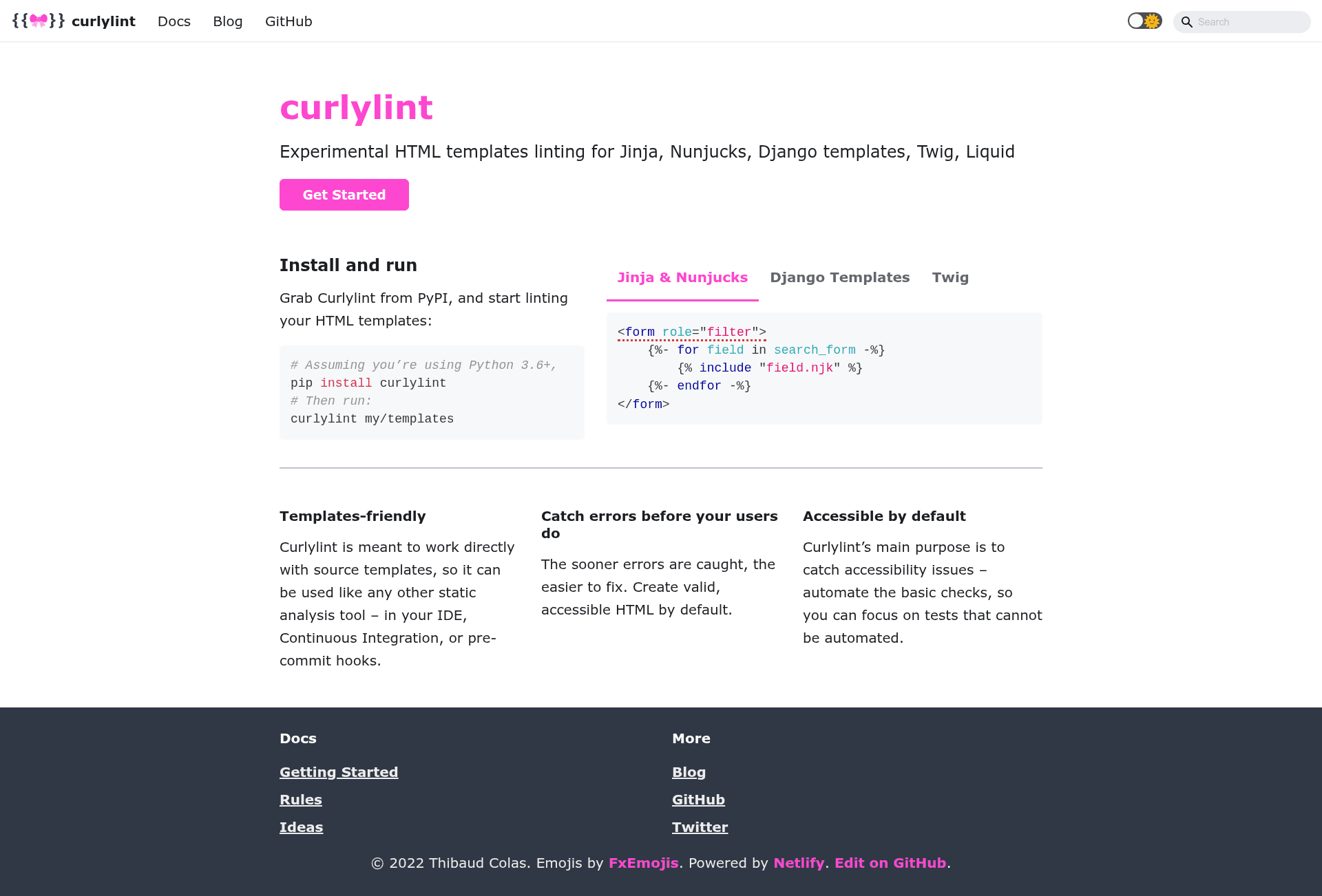 screenshot of Curlylint on template0.com