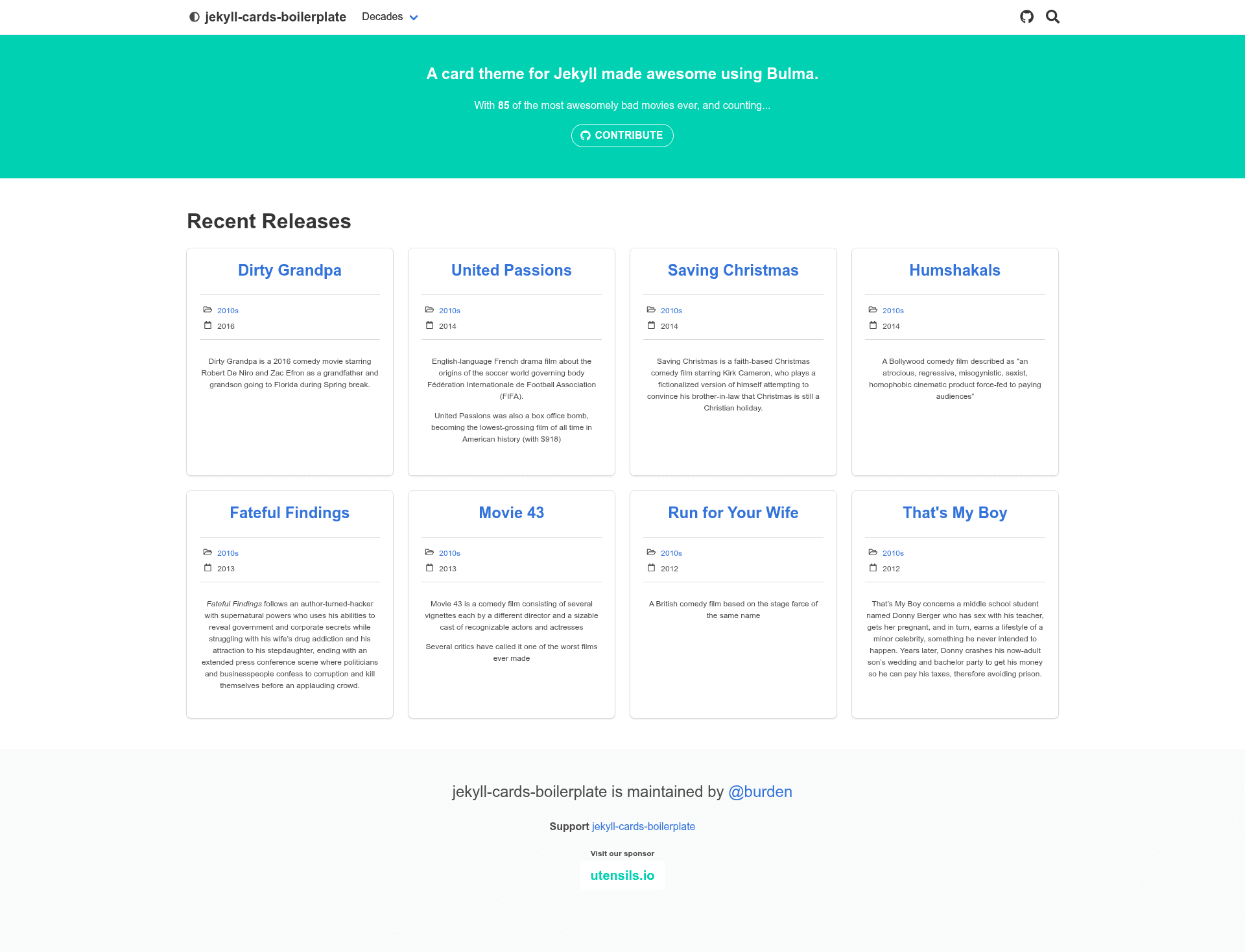 screenshot of Jekyll Cards Boilerplate on template0.com