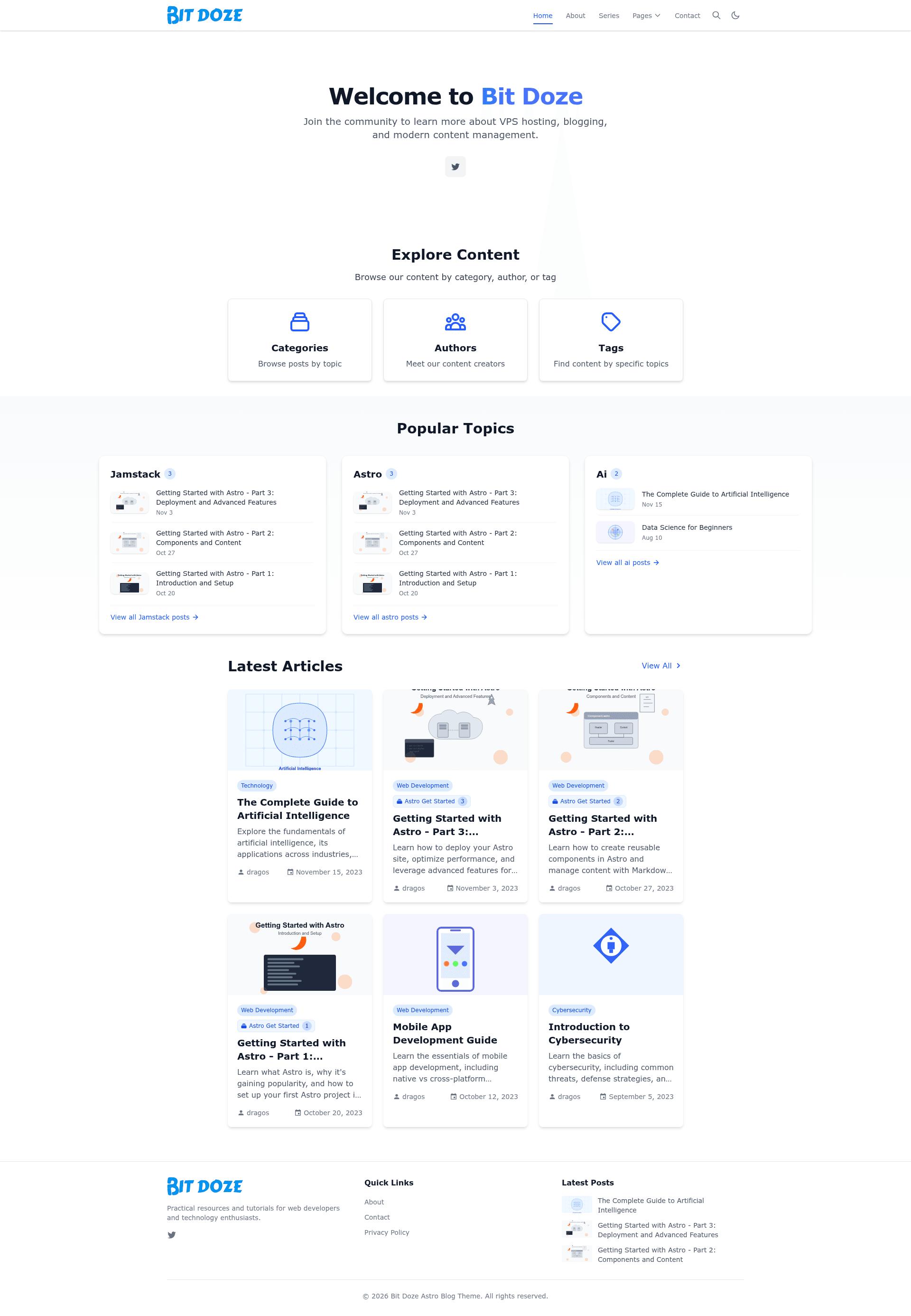 screenshot of Bitdoze Astro Blog Theme on template0.com