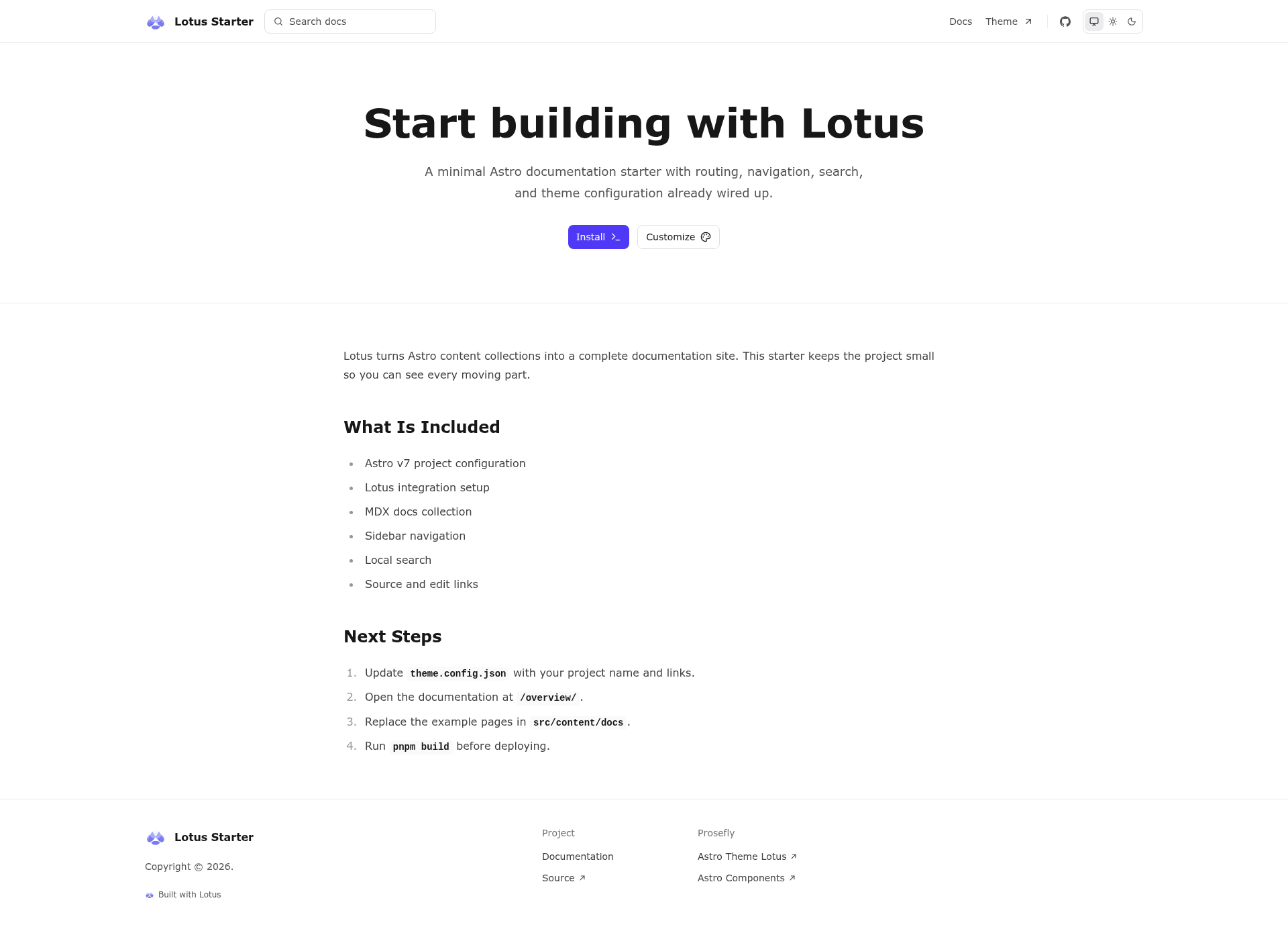 screenshot of Astro Lotus Starter on template0.com