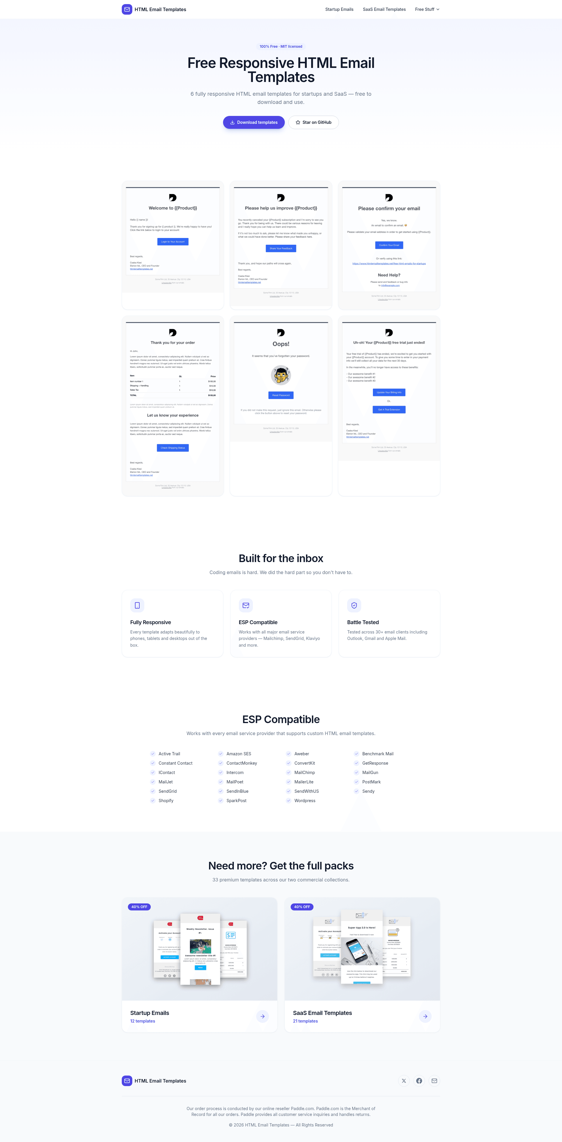 screenshot of Responsive HTML Email Templates for Startups and SaaS on template0.com