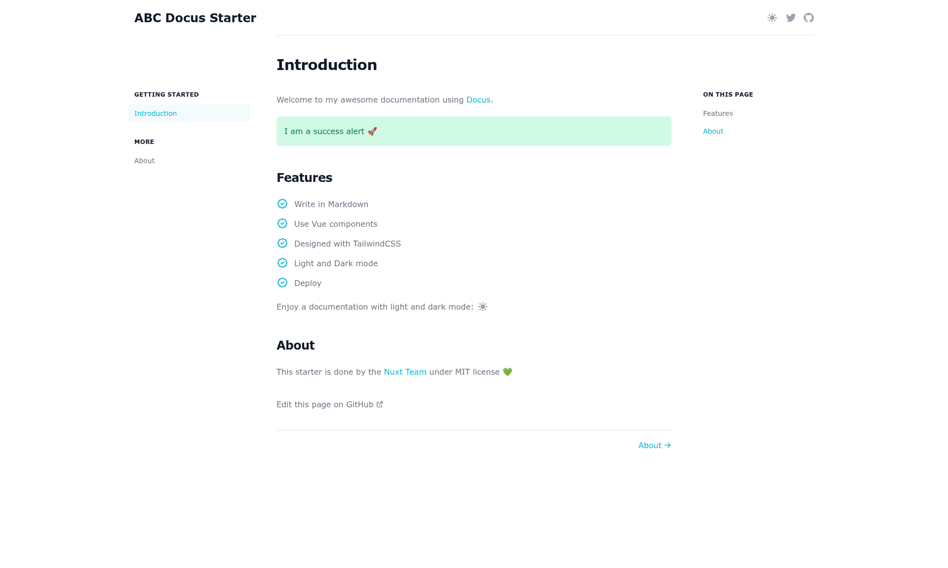 screenshot of Docus Starter on template0.com