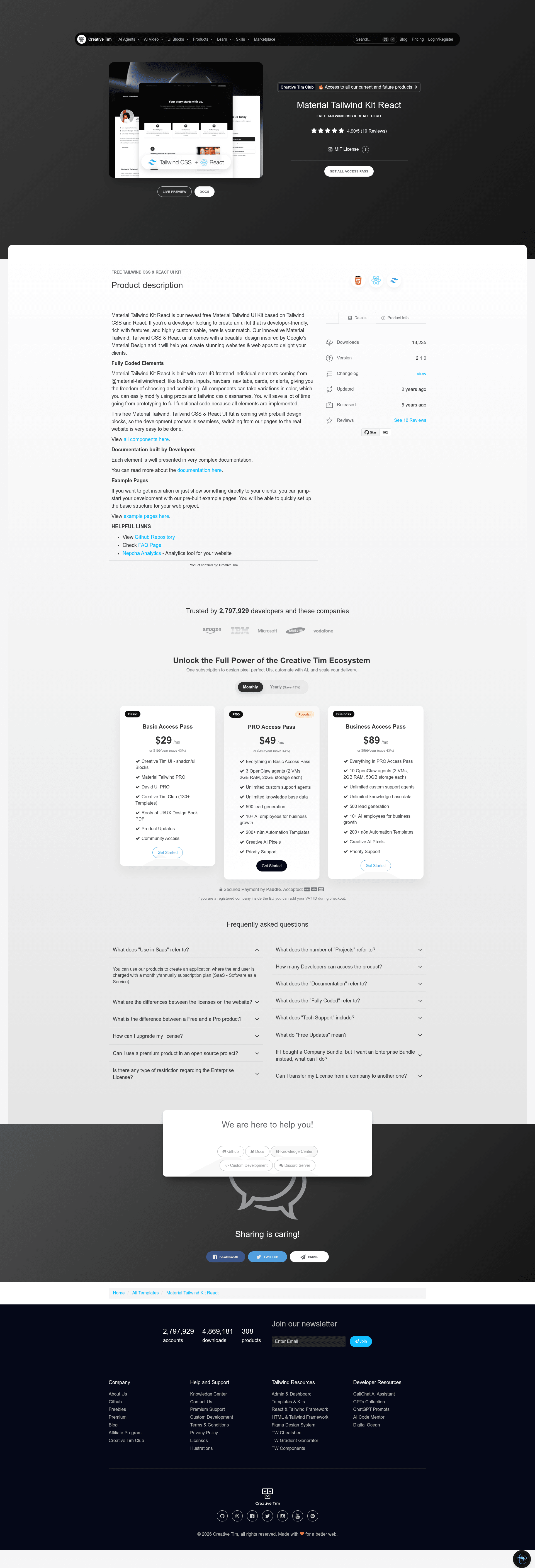 screenshot of Material Tailwind Kit React on template0.com