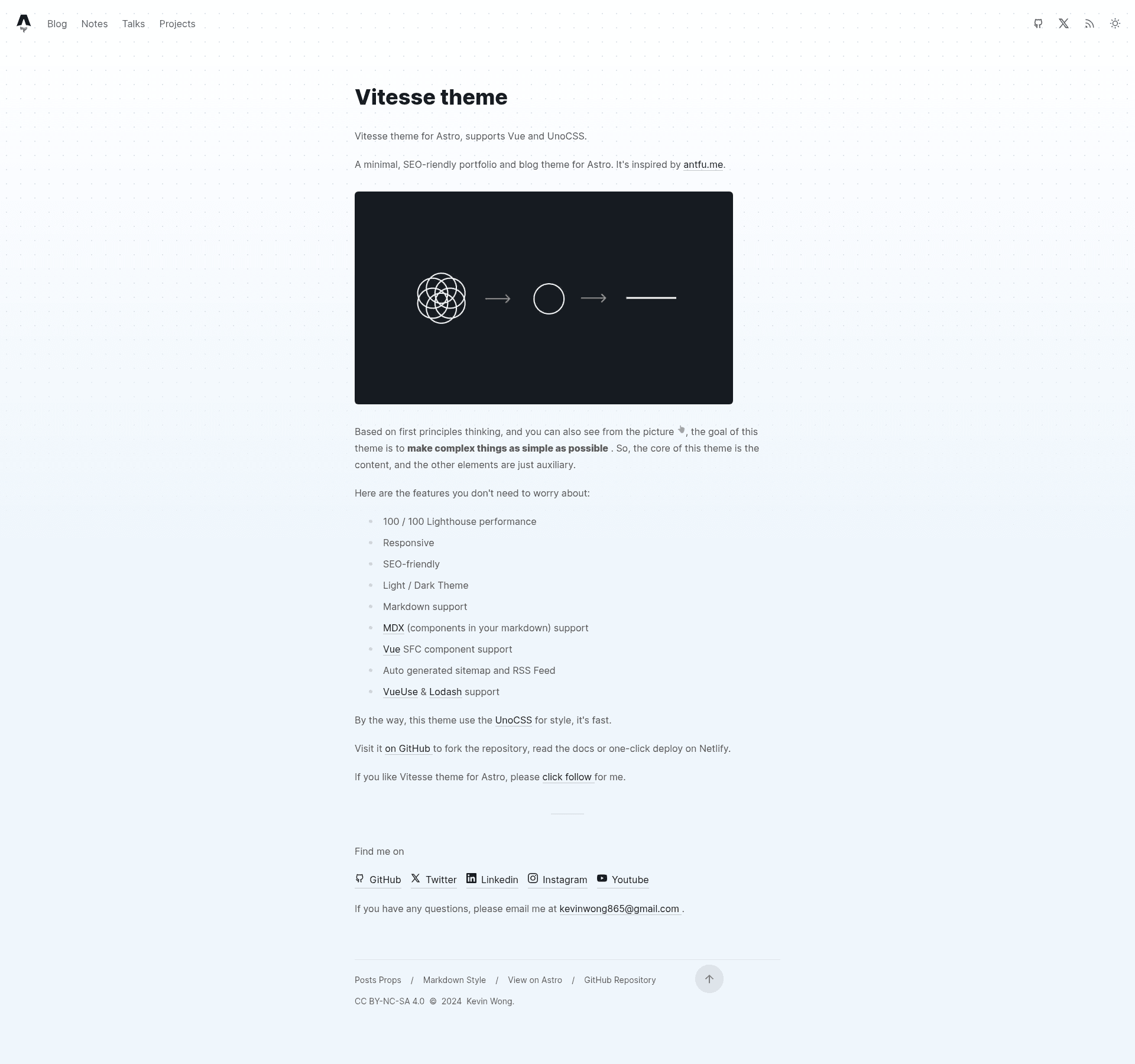 screenshot of Vitesse theme for Astro on template0.com