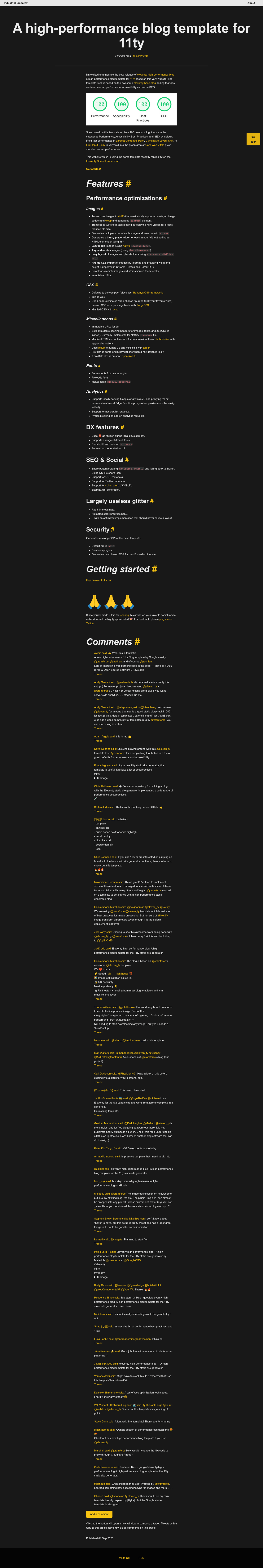 screenshot of Eleventy High Performance Blog on template0.com