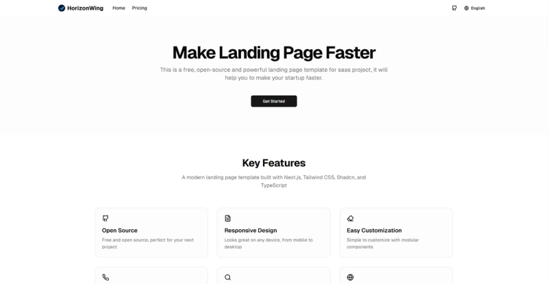 Image for HorizonWing Landing Page(product nextjs template) on template0.com