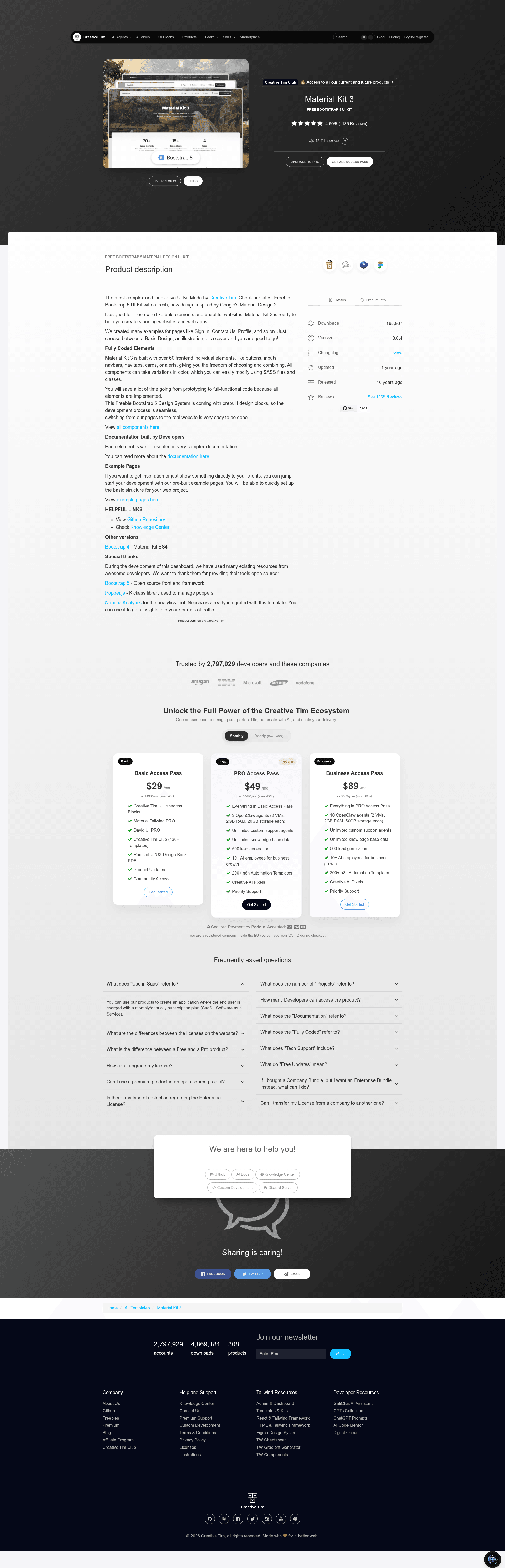 screenshot of Material Kit 2 on template0.com
