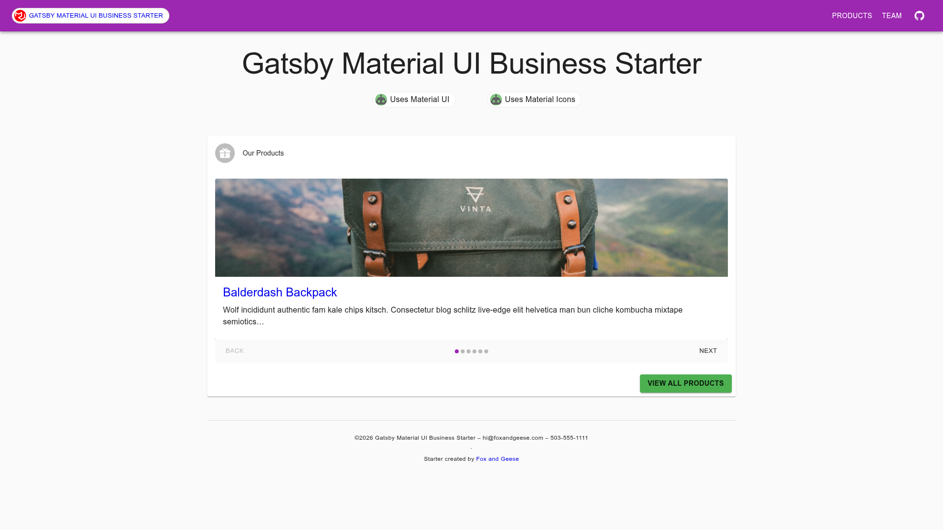screenshot of Gatsby Material UI Business Starter on template0.com