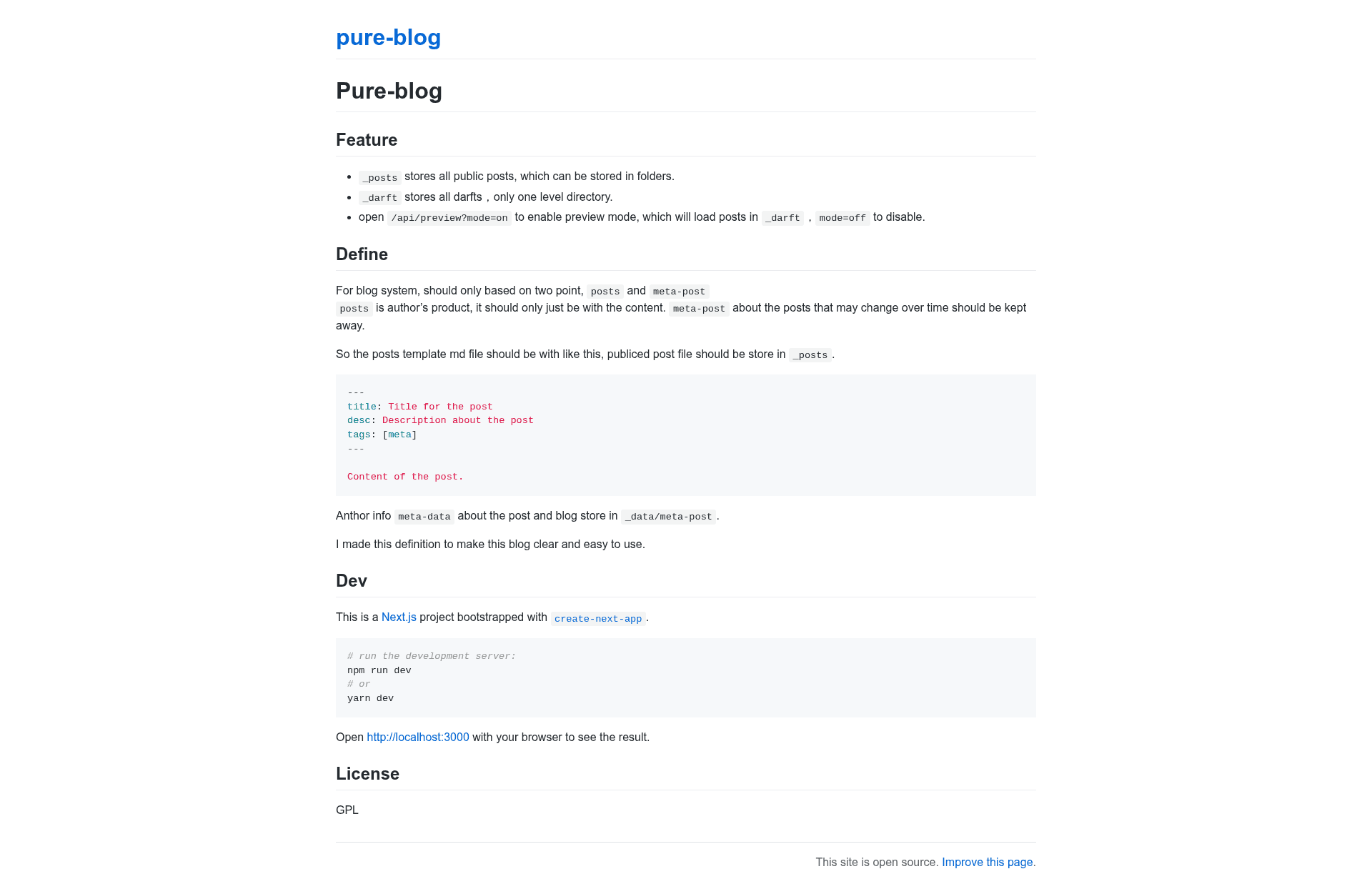 screenshot of Pure Blog on template0.com
