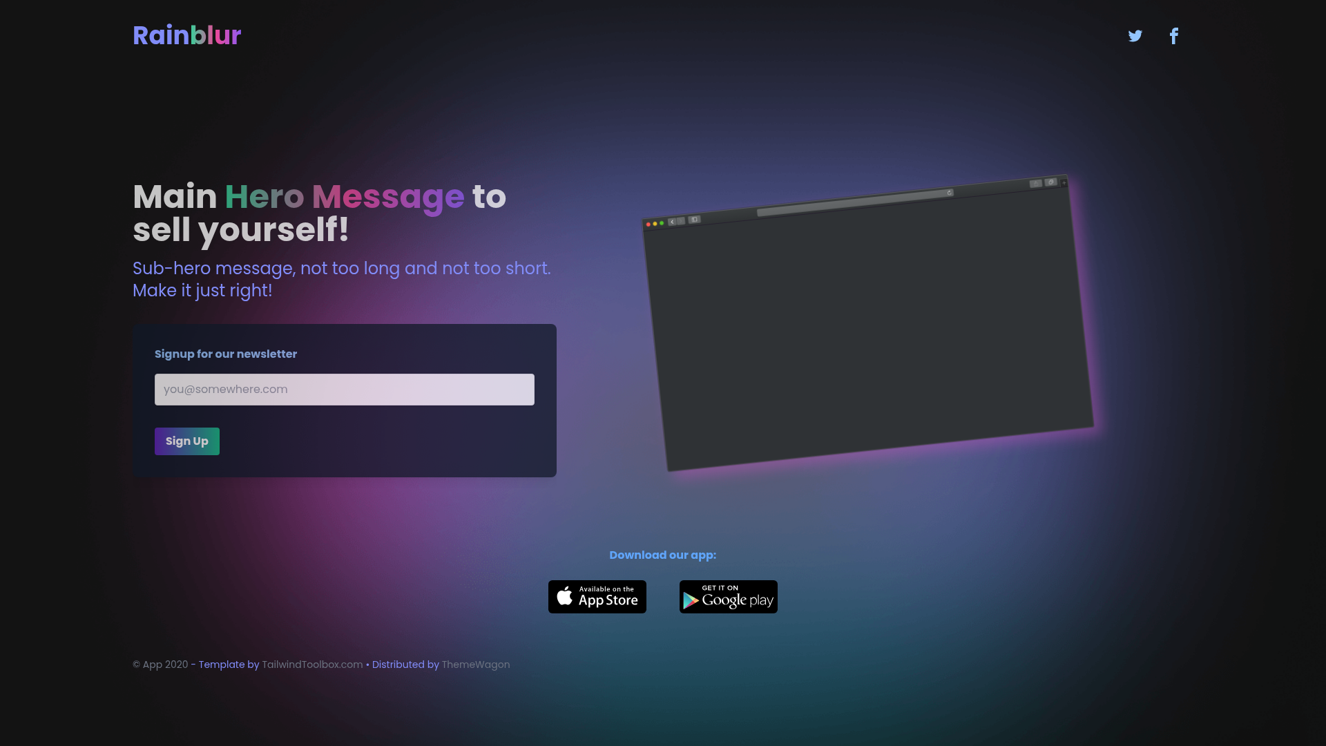 screenshot of Rainblur – Free Tailwind CSS Coming Soon Page Template on template0.com