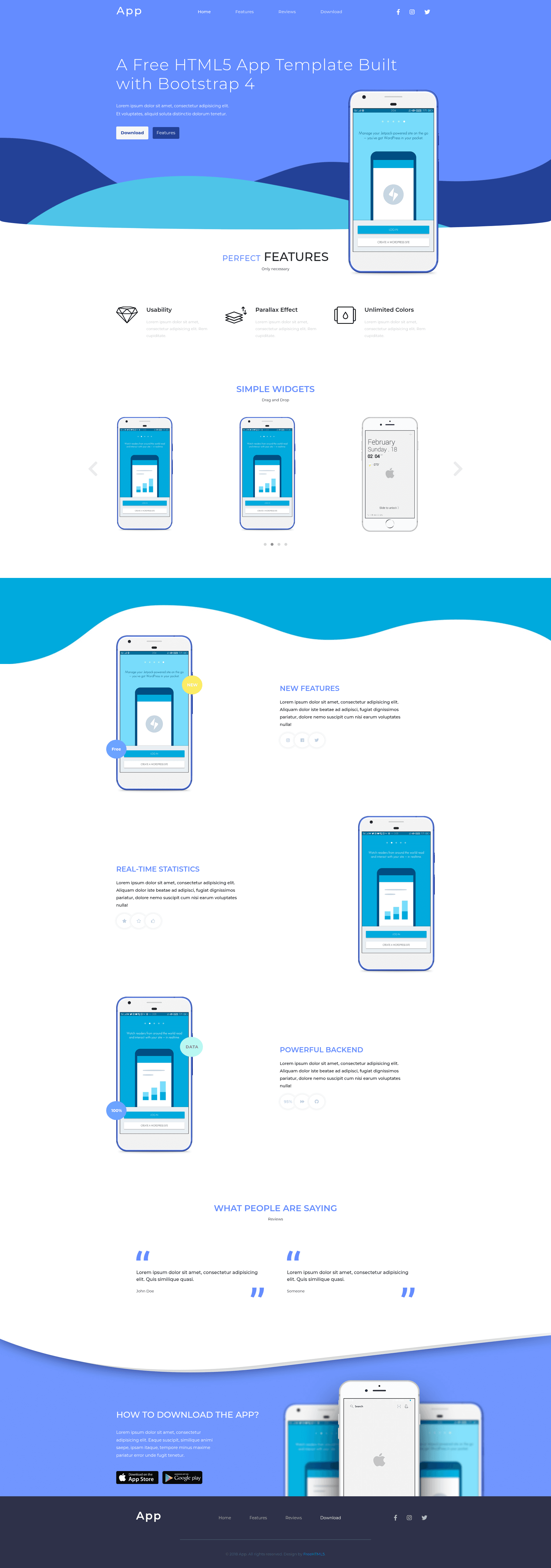 screenshot of App – Free HTML5 Bootstrap 4 app landing page template on template0.com