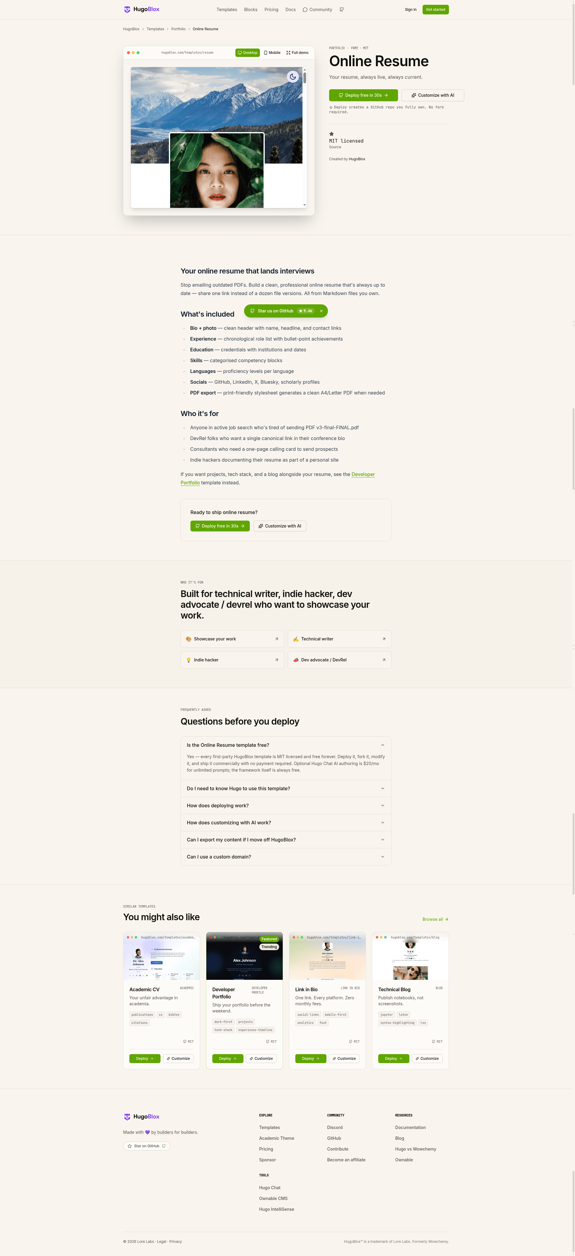 screenshot of HugoBlox Resume on template0.com