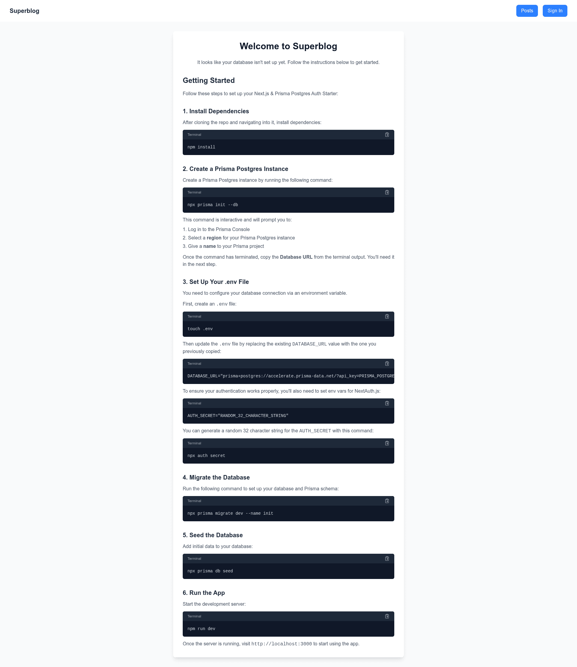 screenshot of Next.js & Prisma Postgres Auth Starter on template0.com