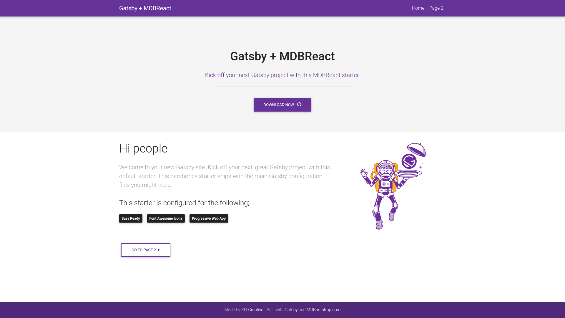 screenshot of Gatsby Starter MDBReact on template0.com