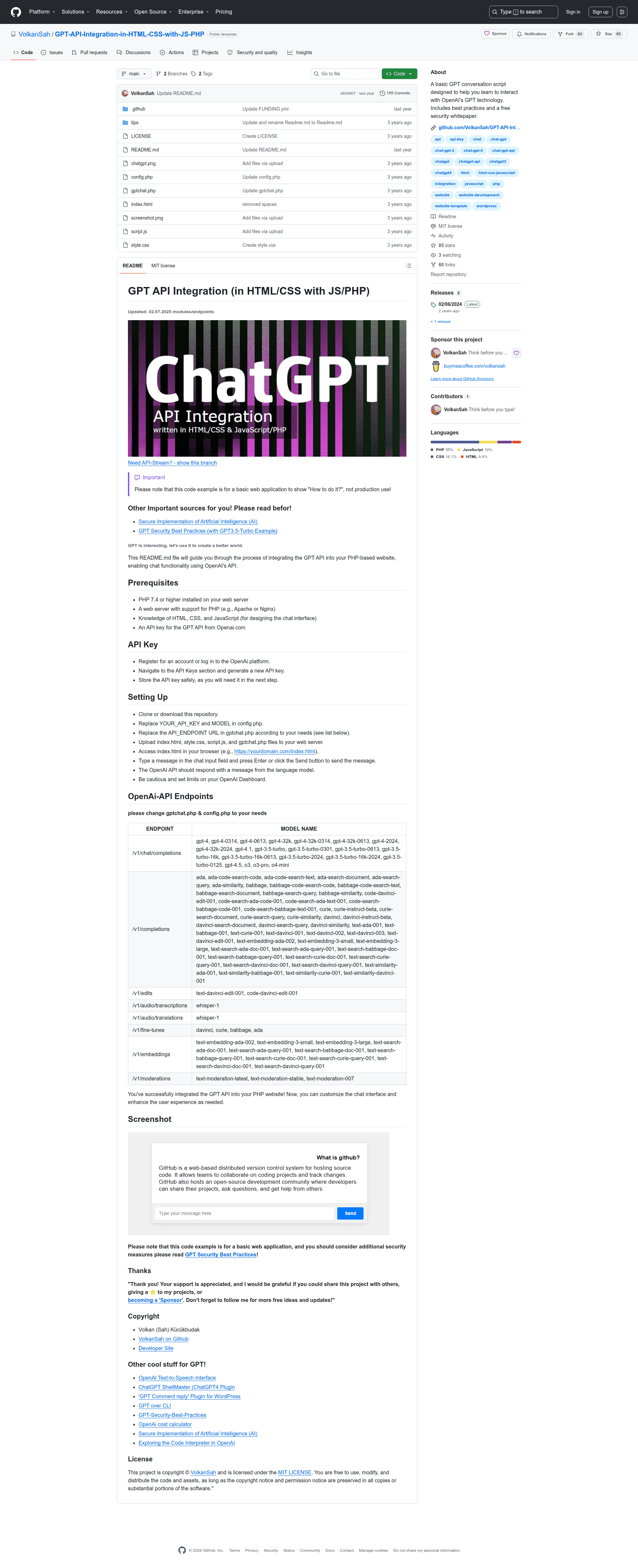 screenshot of GPT API Integration in HTML/CSS with JS/PHP on template0.com