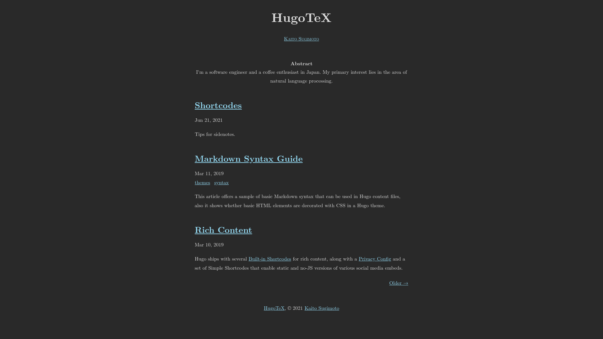 screenshot of HugoTeX on template0.com