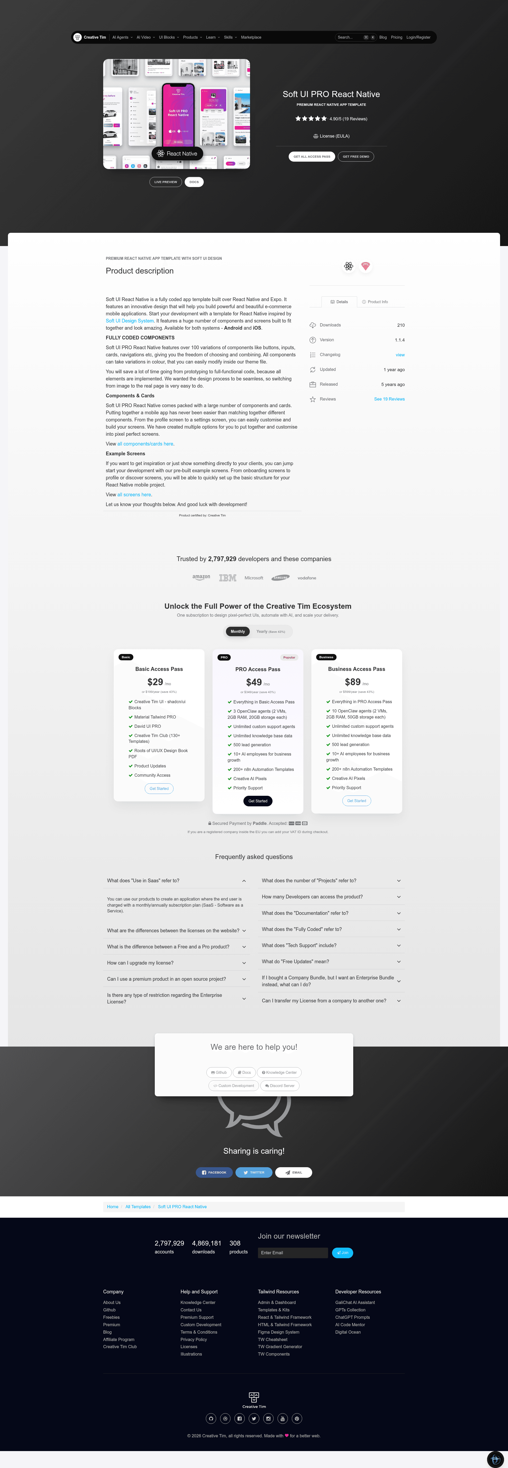 screenshot of Soft UI PRO React Native on template0.com