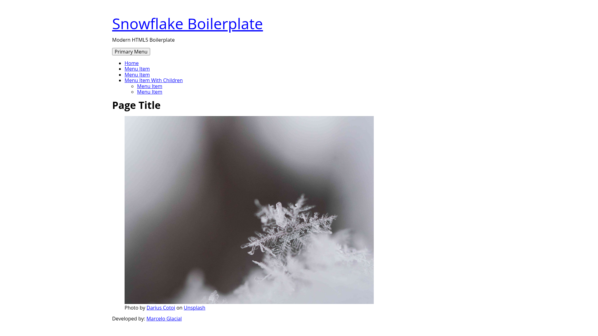 screenshot of Snowflake Boilerplate on template0.com