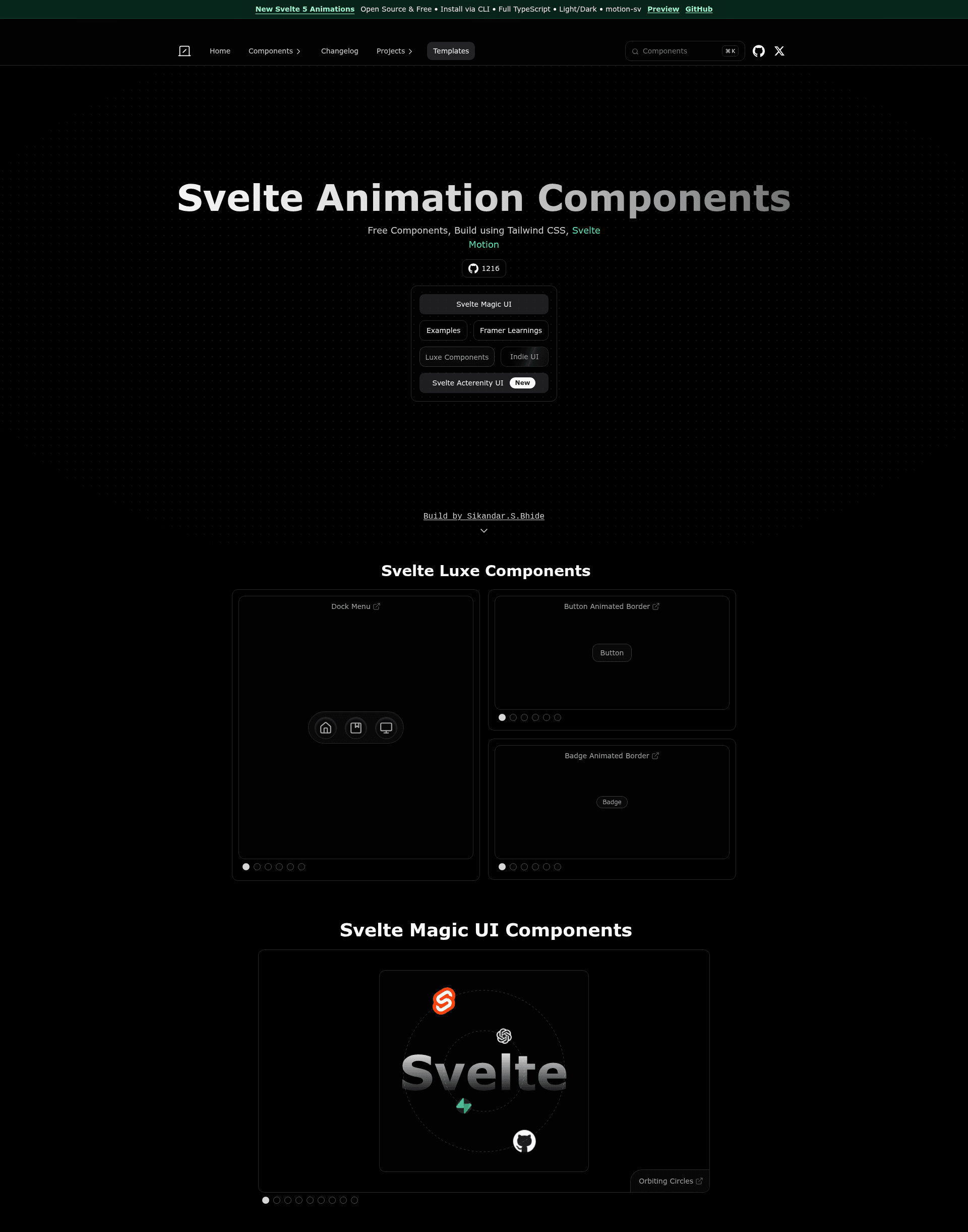 screenshot of Svelte Animation Components on template0.com