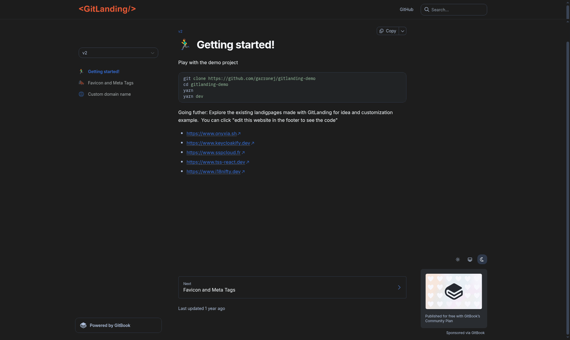 screenshot of Gitlanding on template0.com