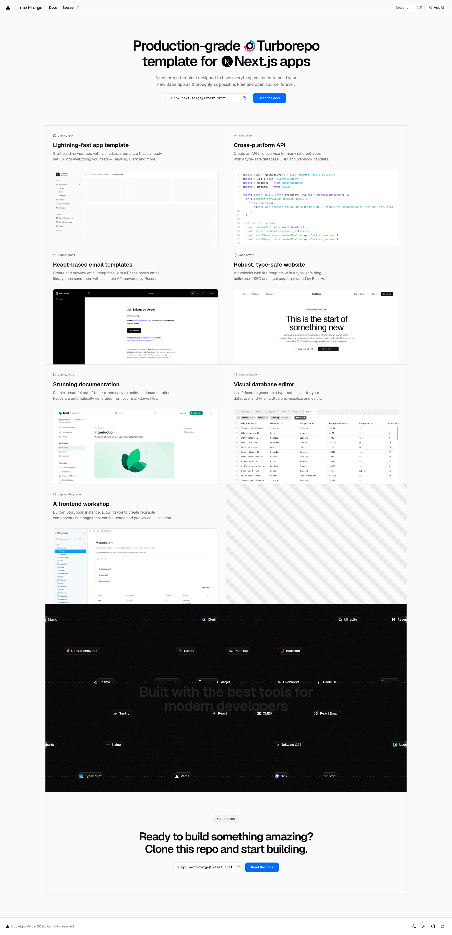 screenshot of next-forge on template0.com
