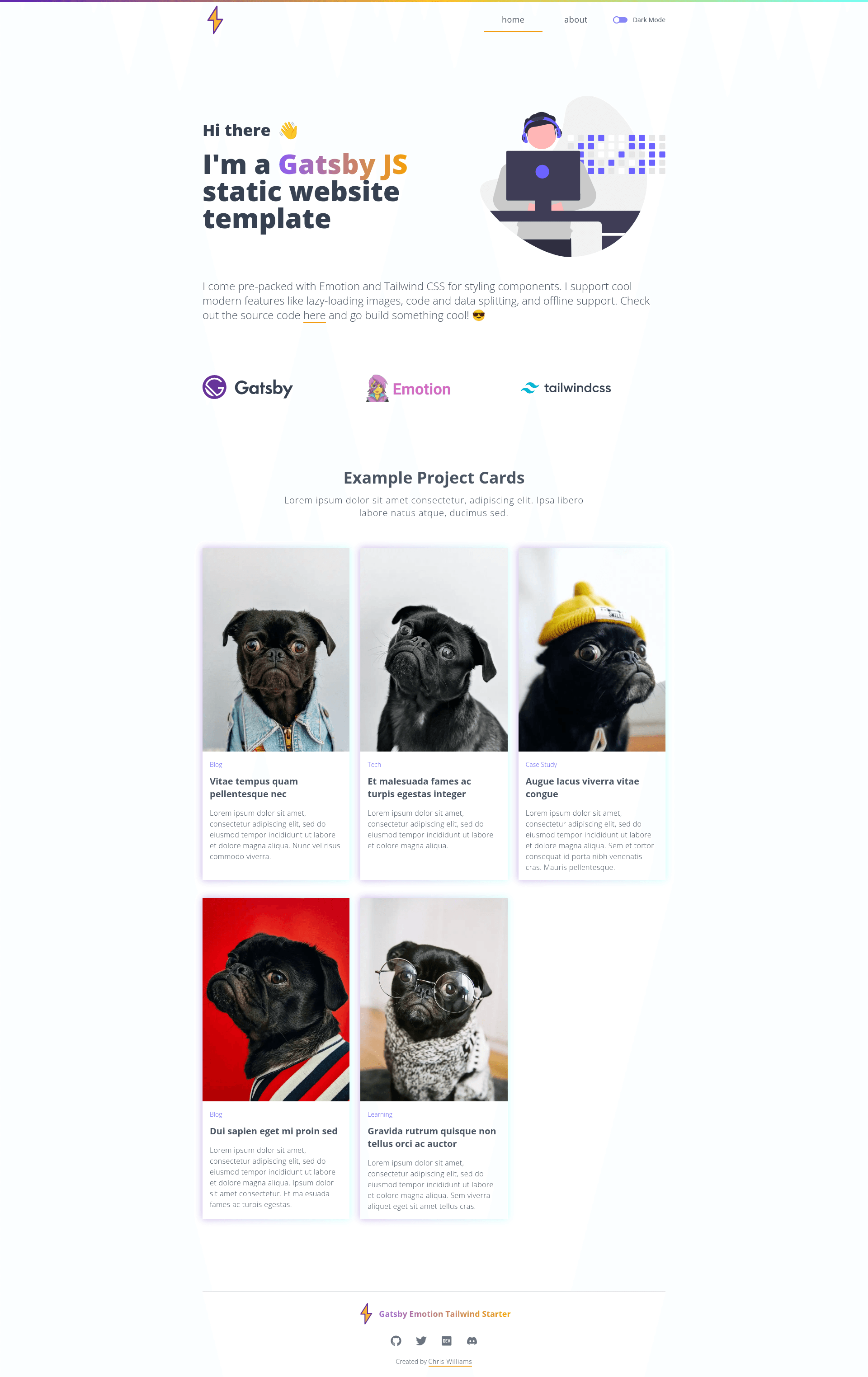 screenshot of Gatsby Emotion Tailwind Starter on template0.com