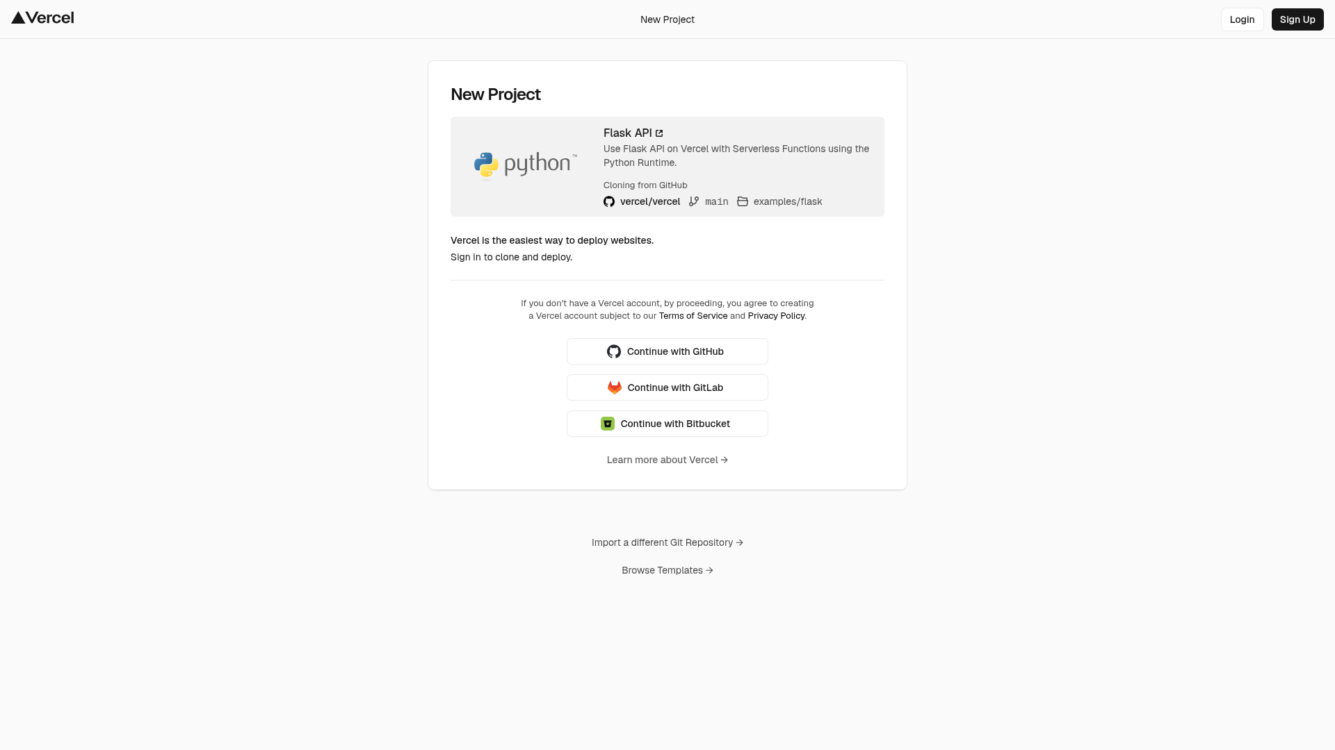 screenshot of Flask + Vercel on template0.com