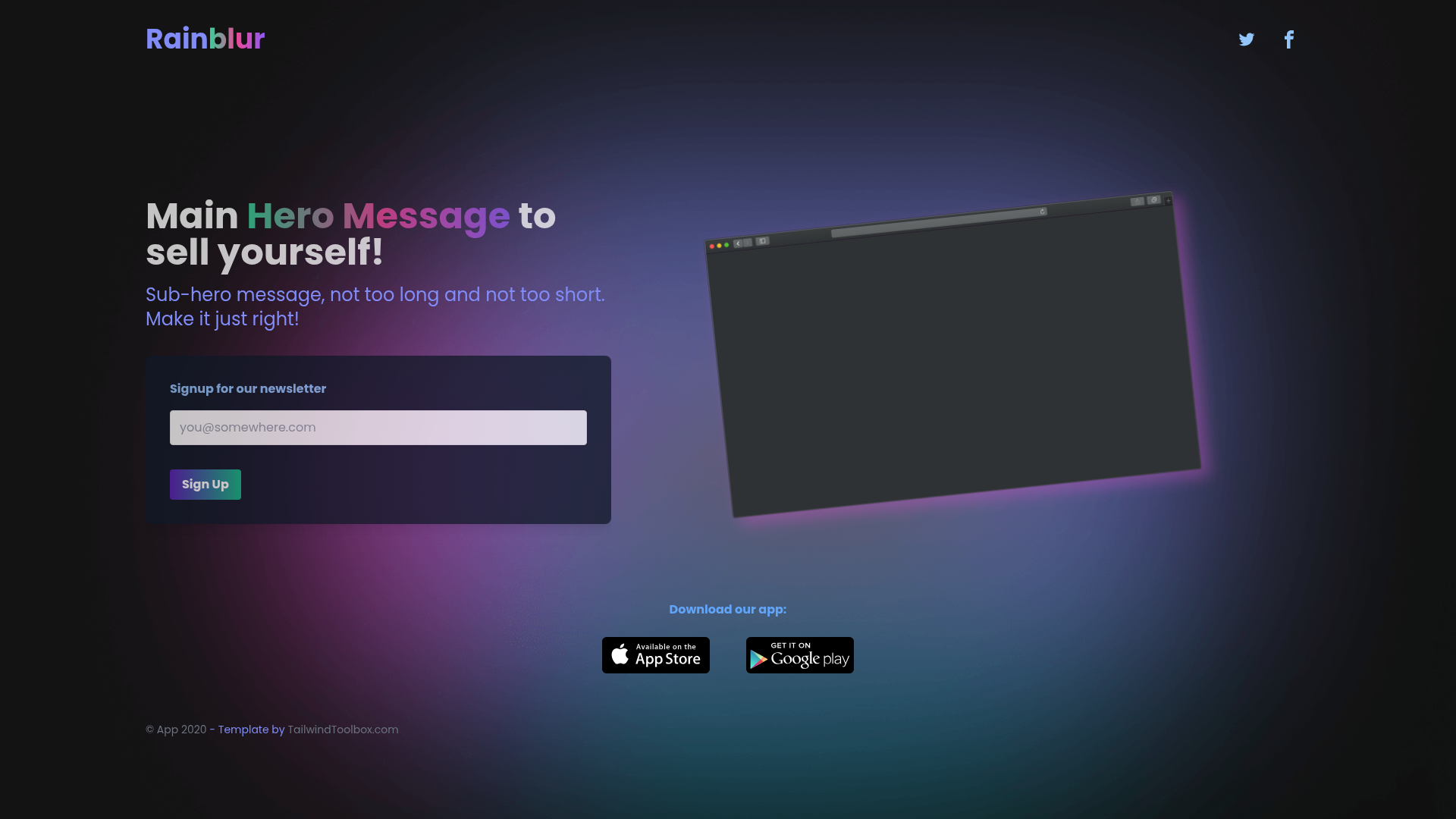 screenshot of Rainblur Landing Page on template0.com