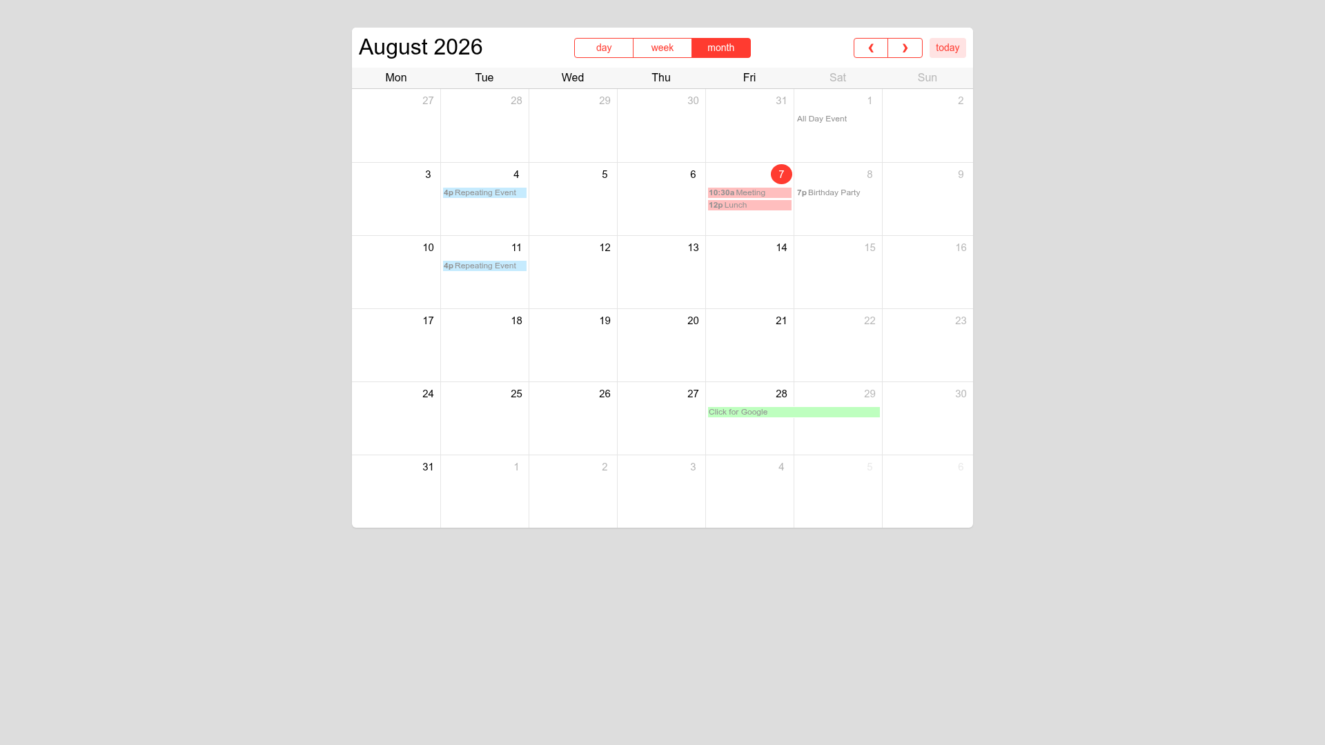 screenshot of fullcalendar on template0.com