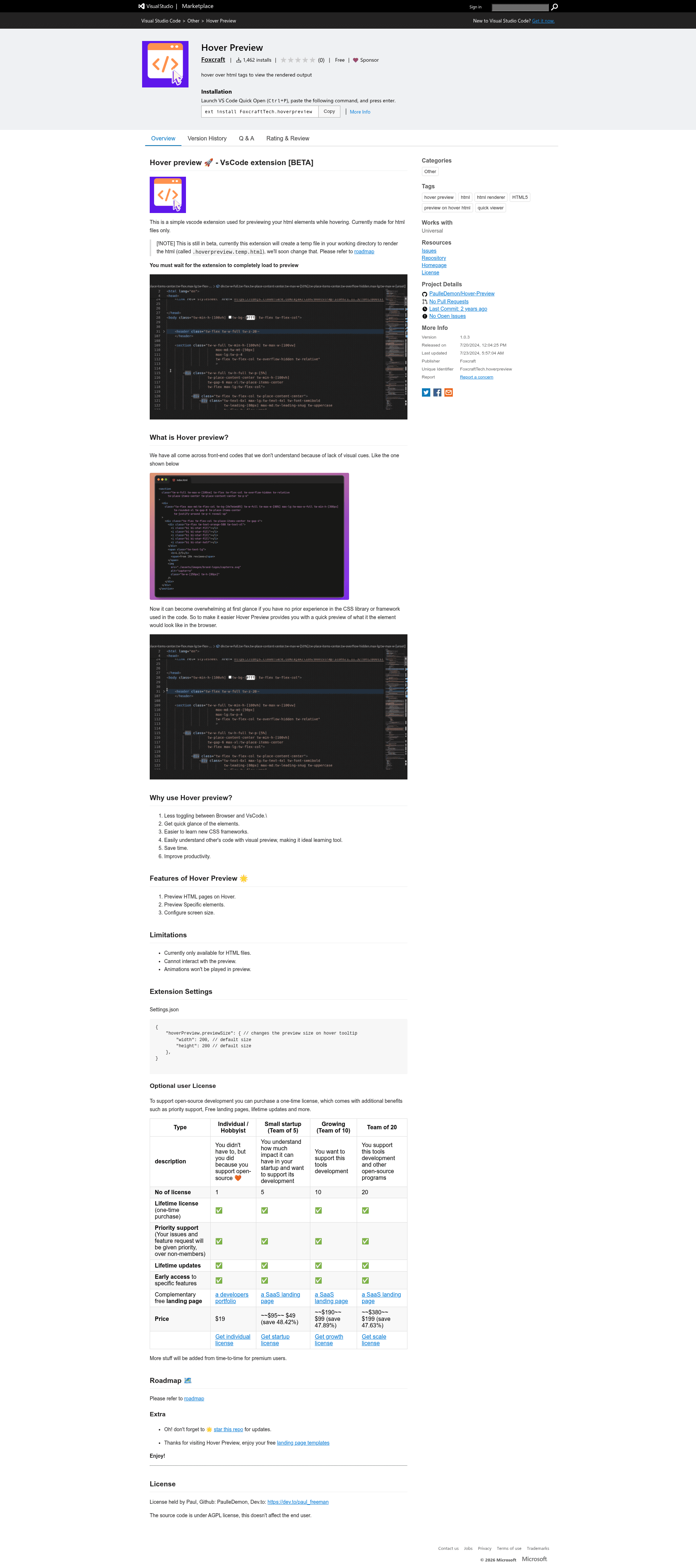 screenshot of Hover Preview on template0.com