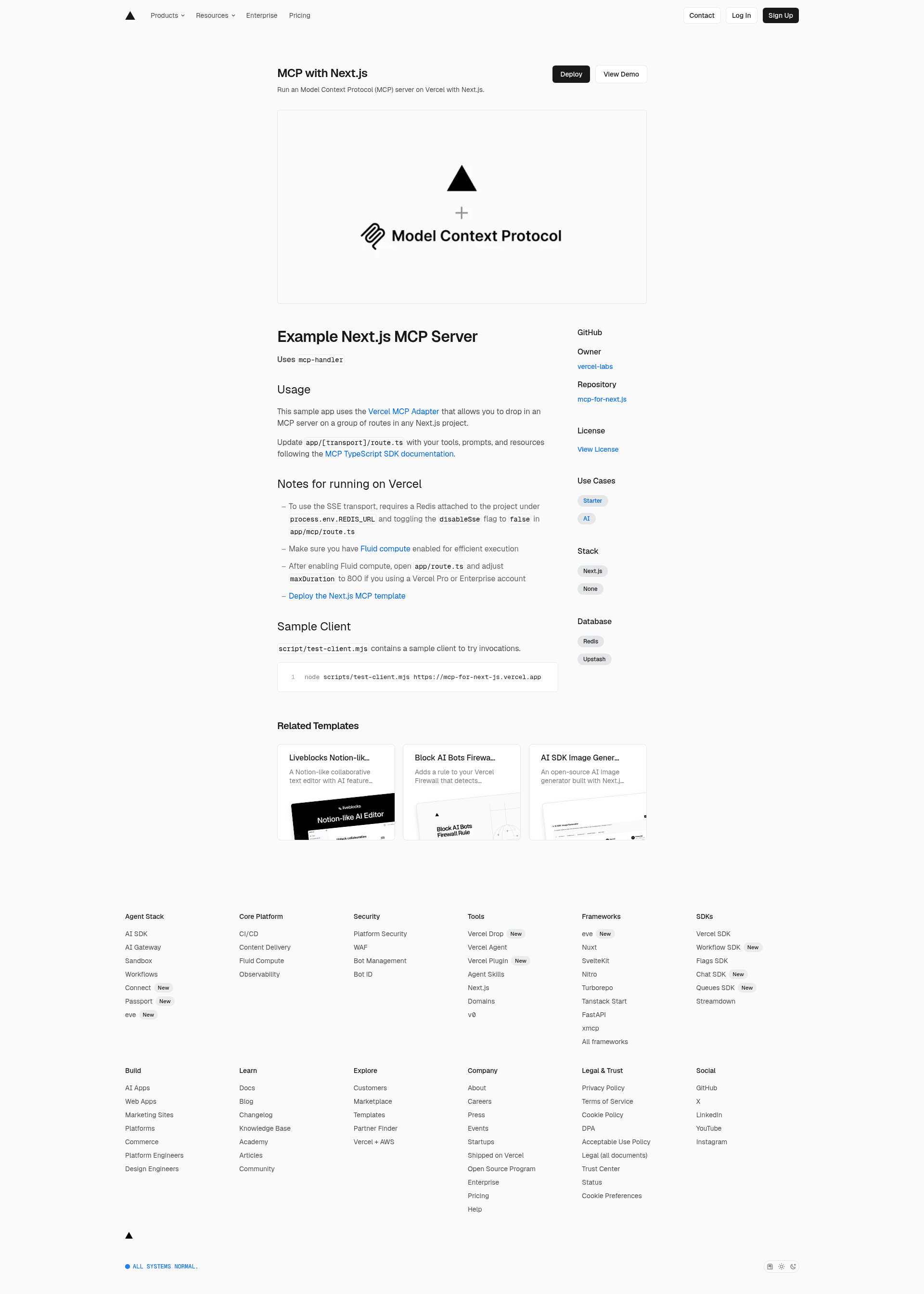screenshot of Next.js MCP Server on template0.com