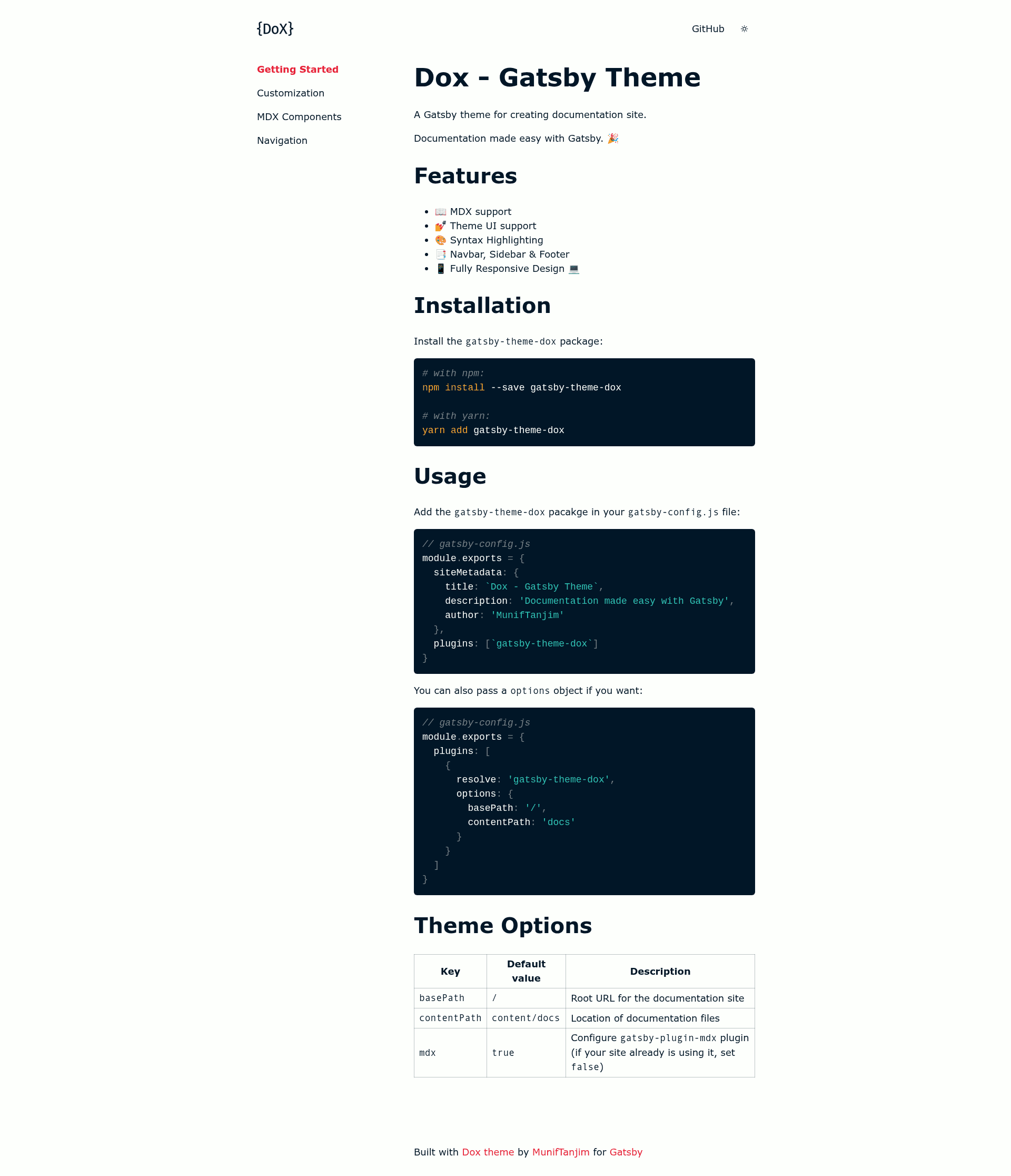 screenshot of Dox - Gatsby Theme on template0.com