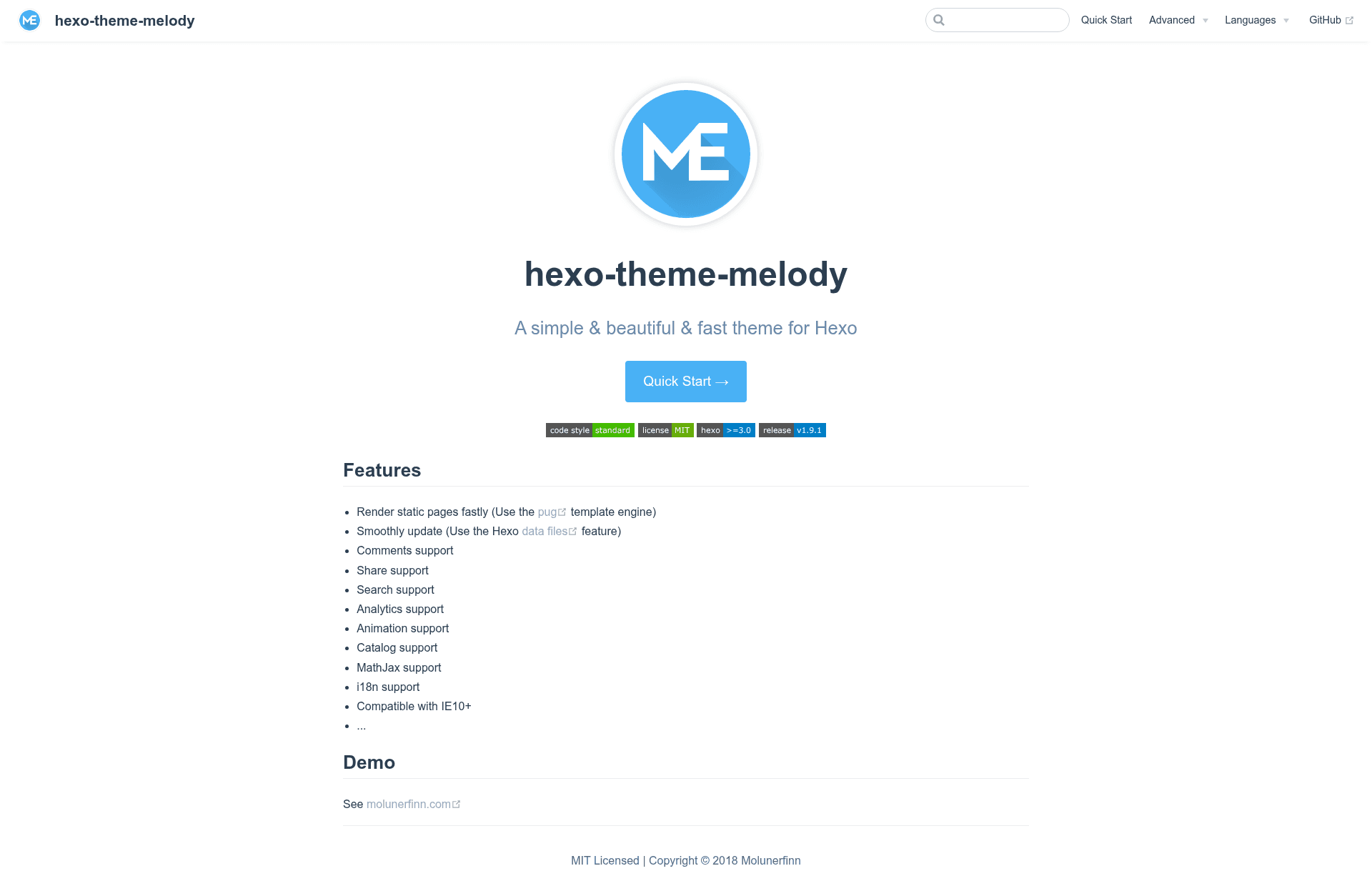screenshot of Hexo Theme Melody on template0.com