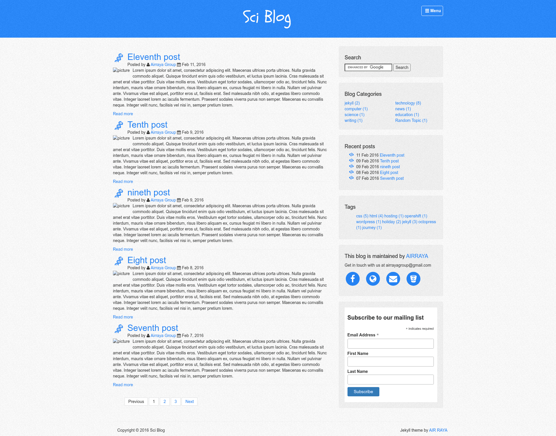screenshot of Sci Blog on template0.com
