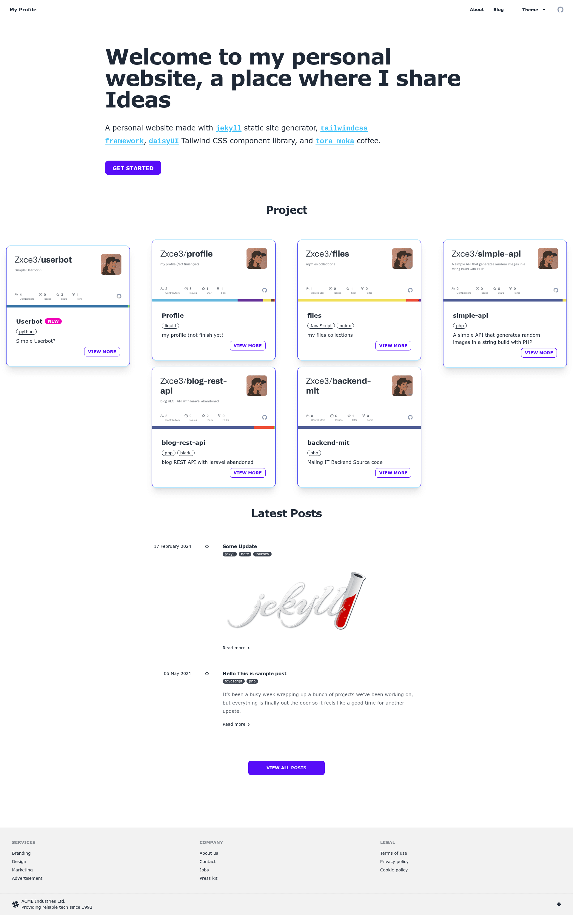 screenshot of Jekyll and Tailwind + Daisy UI on template0.com