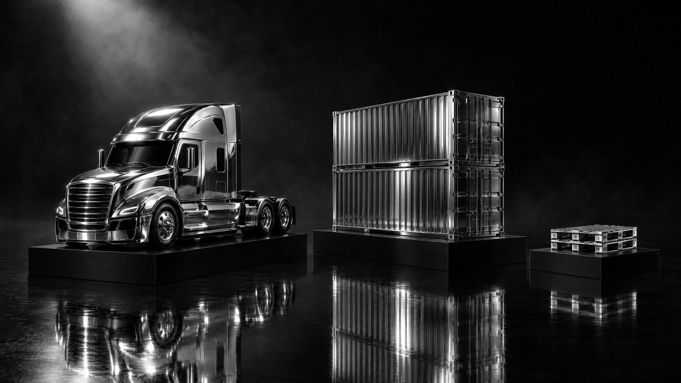 Chromowany ciągnik siodłowy, kontenery i paleta na czarnych postumentach: elementy strony dla firmy transportowej