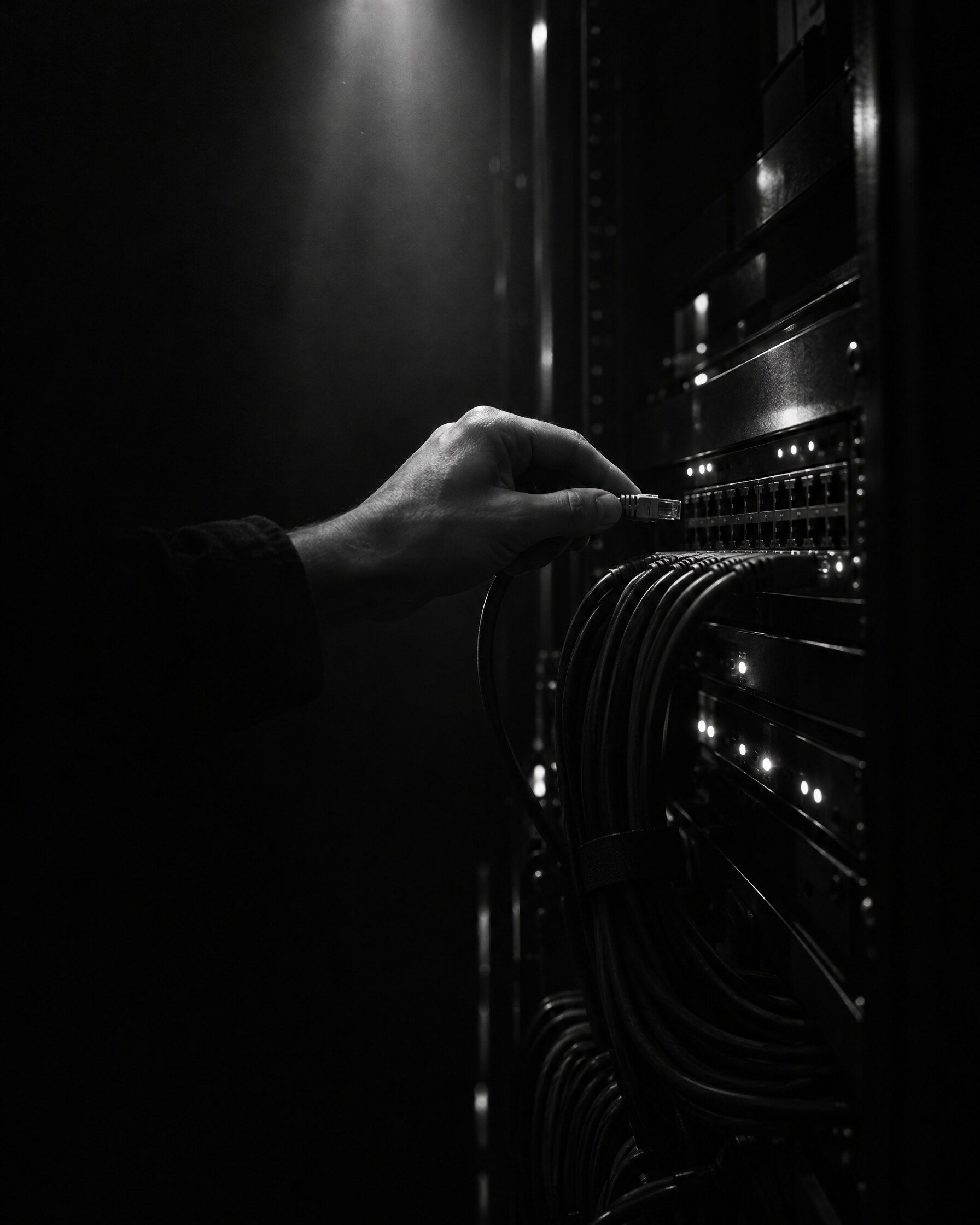 Dłoń podłączająca kabel sieciowy do panelu w ciemnej szafie serwerowej