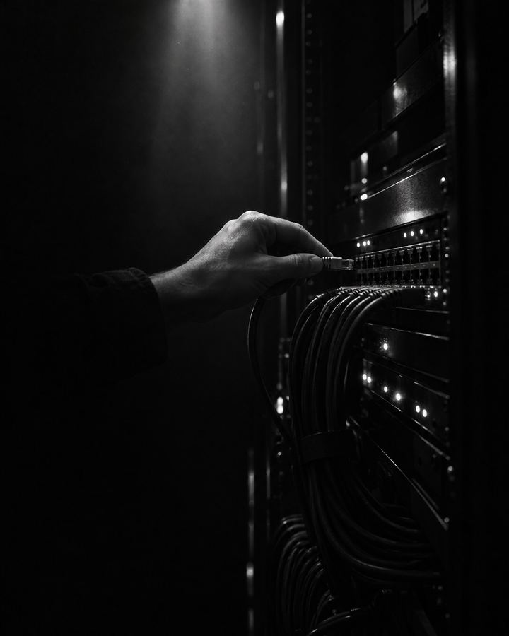 Dłoń podłączająca kabel sieciowy do panelu w ciemnej szafie serwerowej