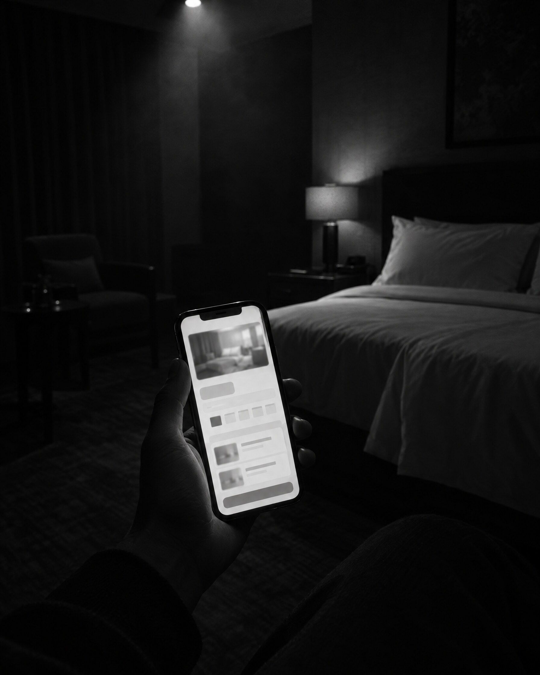 Dłoń trzymająca telefon z rozmytym ekranem rezerwacji w ciemnym pokoju hotelowym