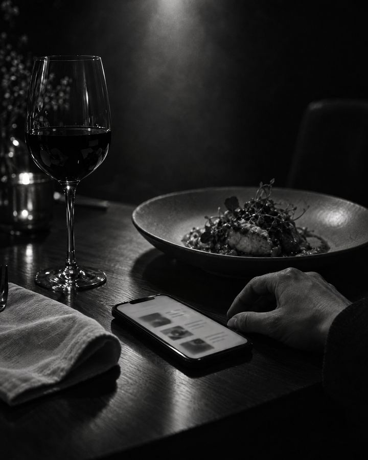 Telefon z rozmytym menu online obok talerza i kieliszka na stoliku w ciemnej restauracji