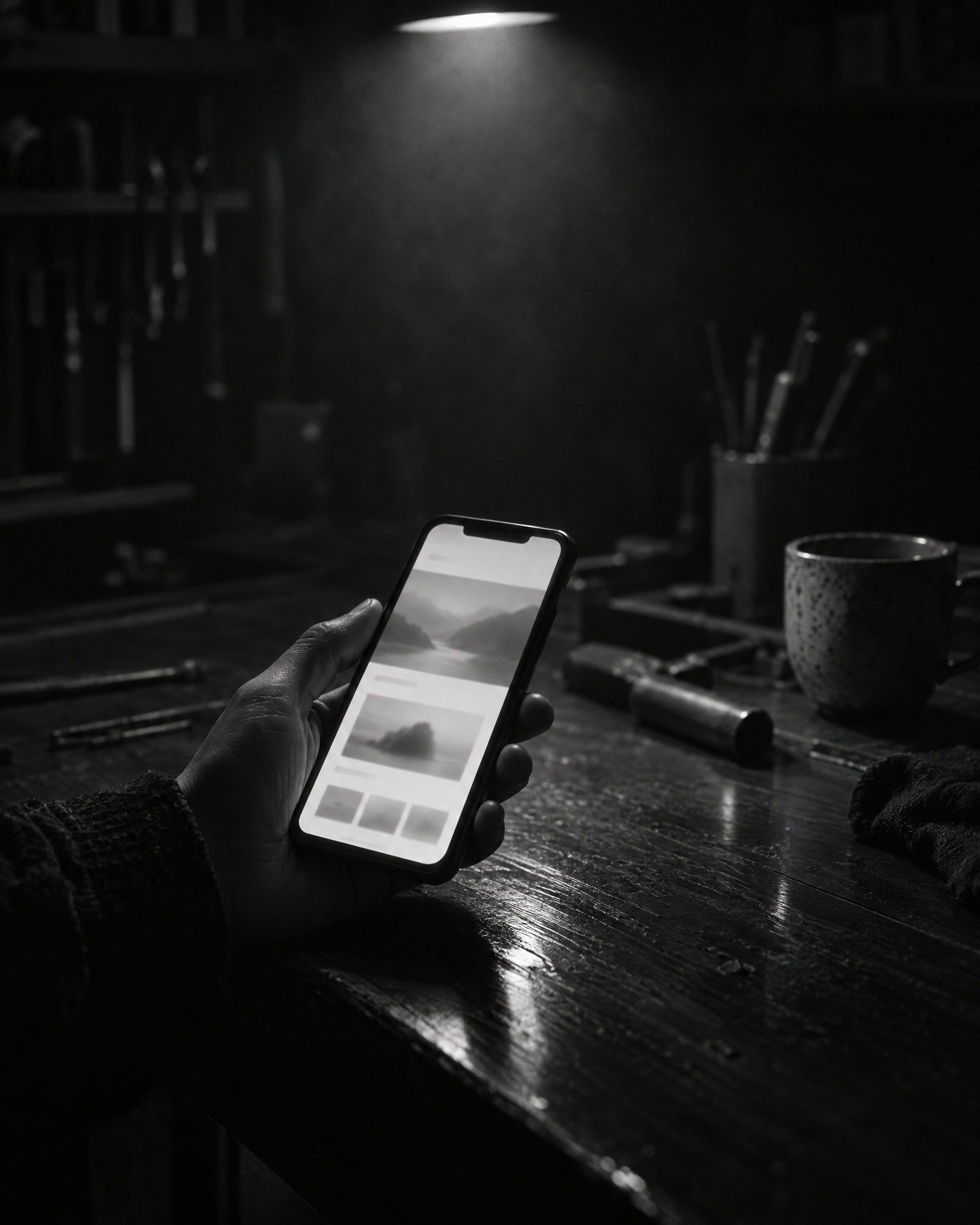 Dłoń trzymająca telefon z rozmytym układem prostej strony firmowej nad ladą warsztatu