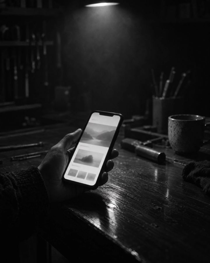 Dłoń trzymająca telefon z rozmytym układem prostej strony firmowej nad ladą warsztatu