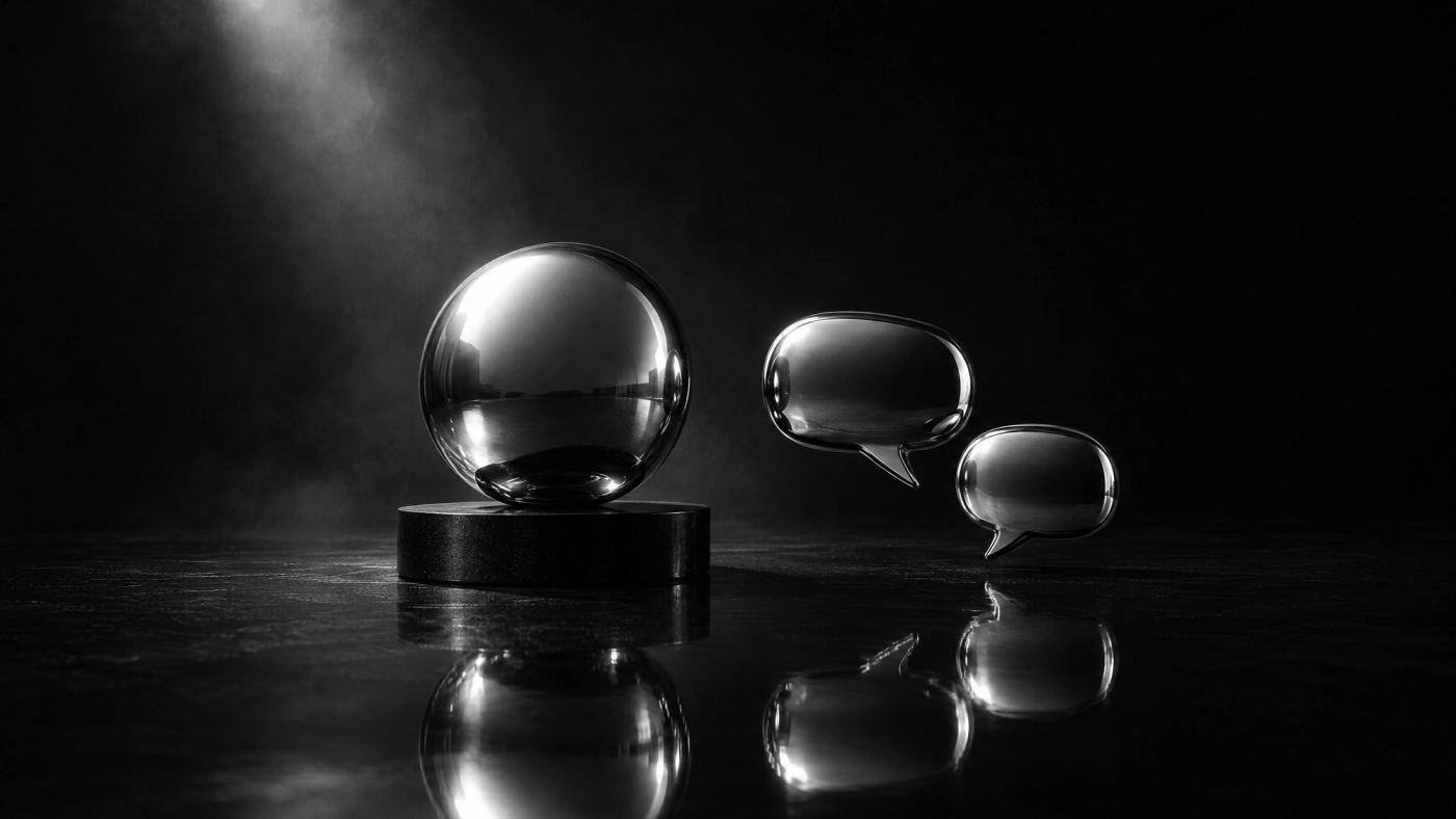 Chromowany globus na postumencie obok dwóch dymków rozmowy: strona wielojęzyczna dla firmy
