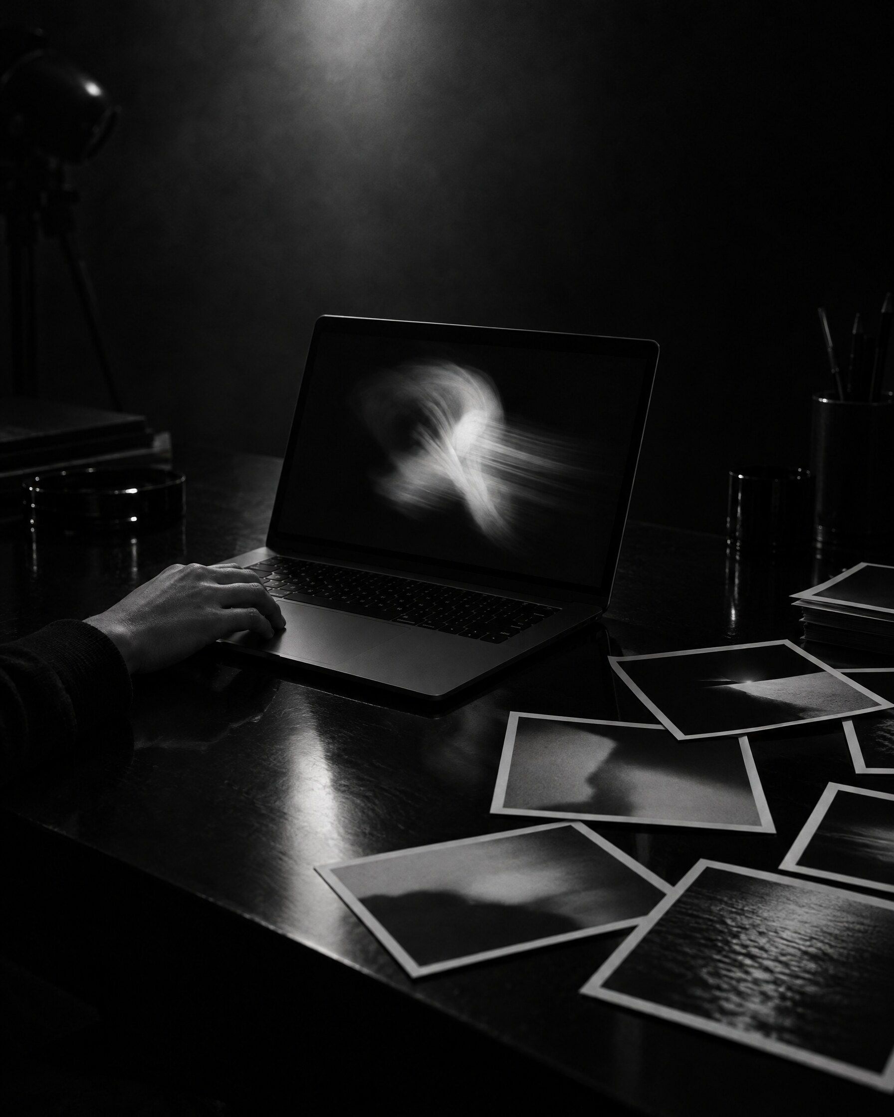 Dłoń na gładziku laptopa z rozmytym kształtem w ruchu, na biurku puste odbitki zdjęć w ciemnym studiu