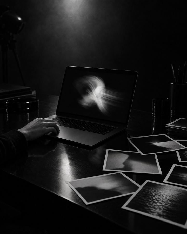 Dłoń na gładziku laptopa z rozmytym kształtem w ruchu, na biurku puste odbitki zdjęć w ciemnym studiu